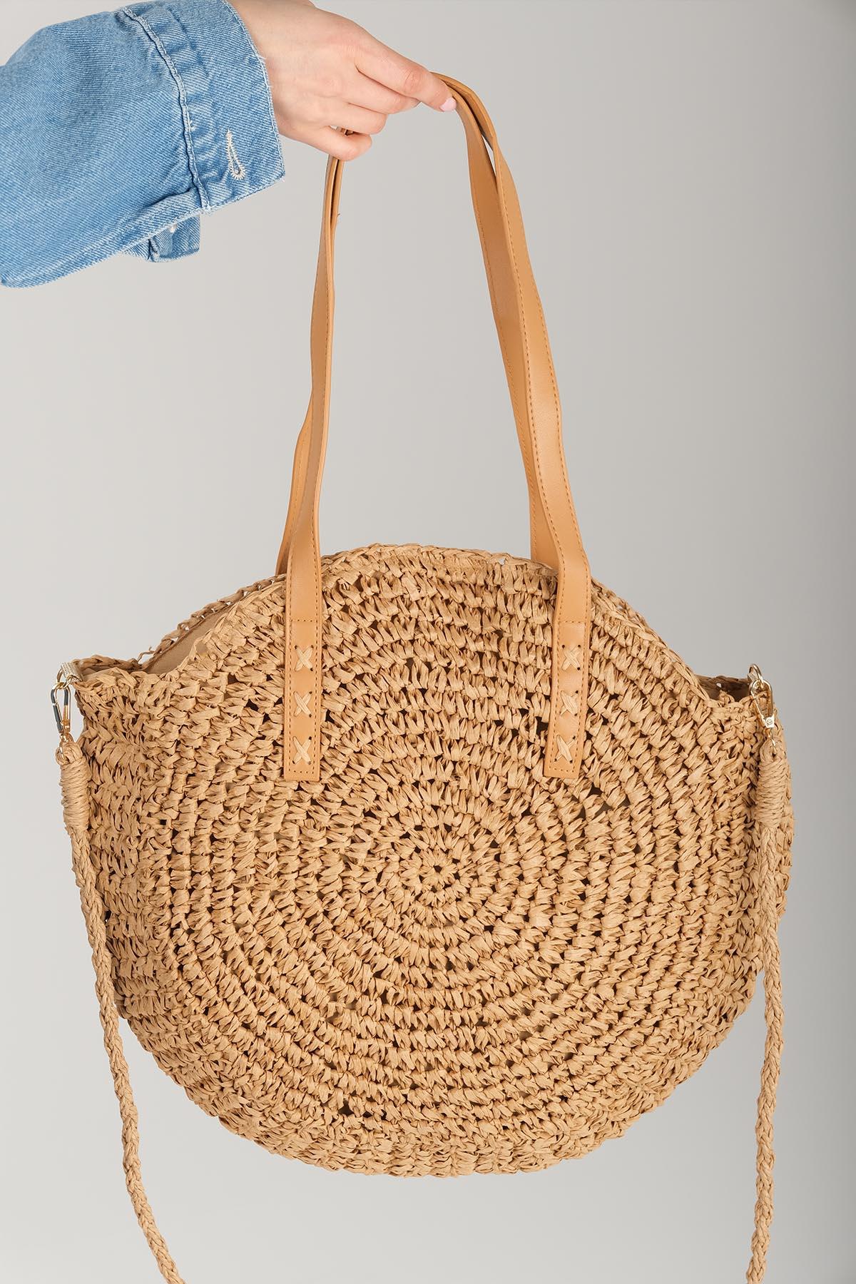 Camel Renk Yuvarlak Örgü Hasır El Ve Omuz Çantası