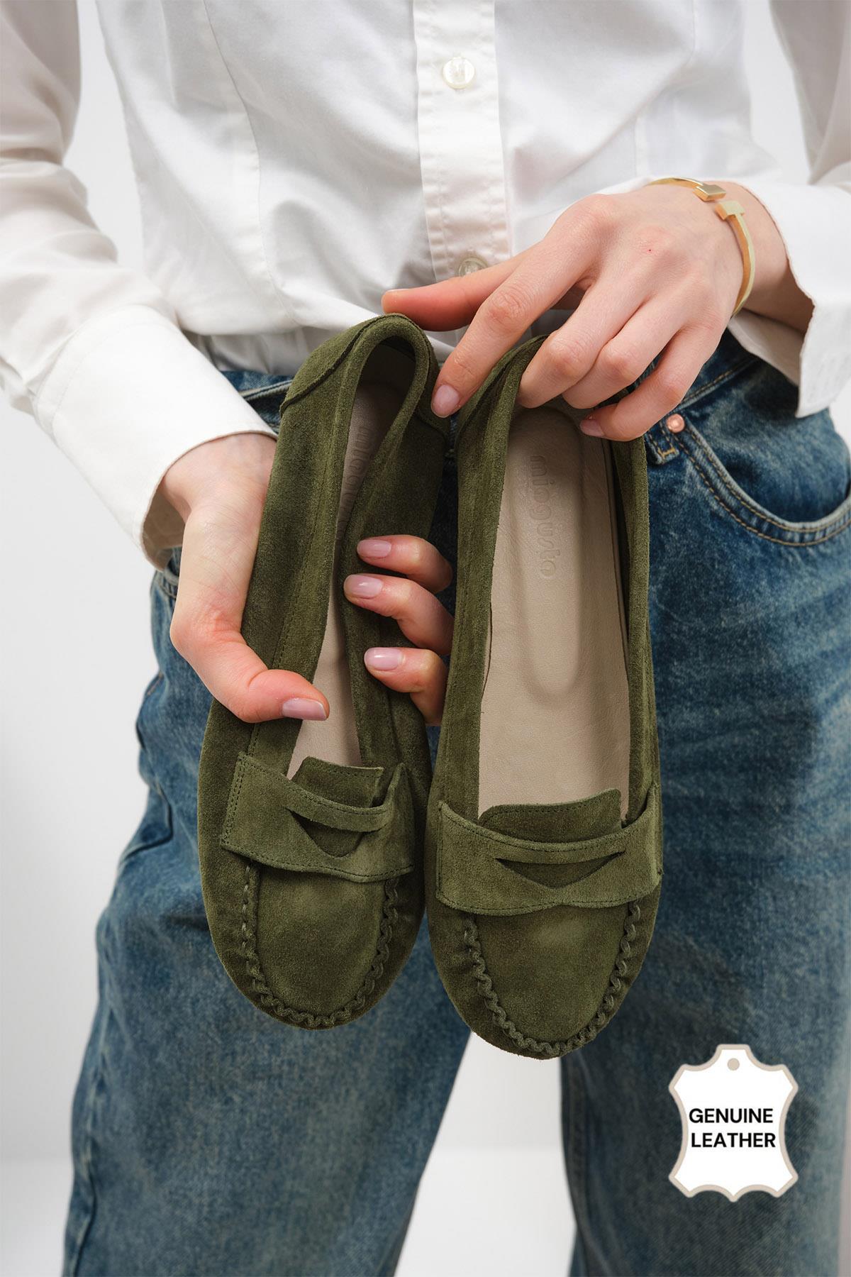 Capri Hakiki Süet Haki Renk Loafer