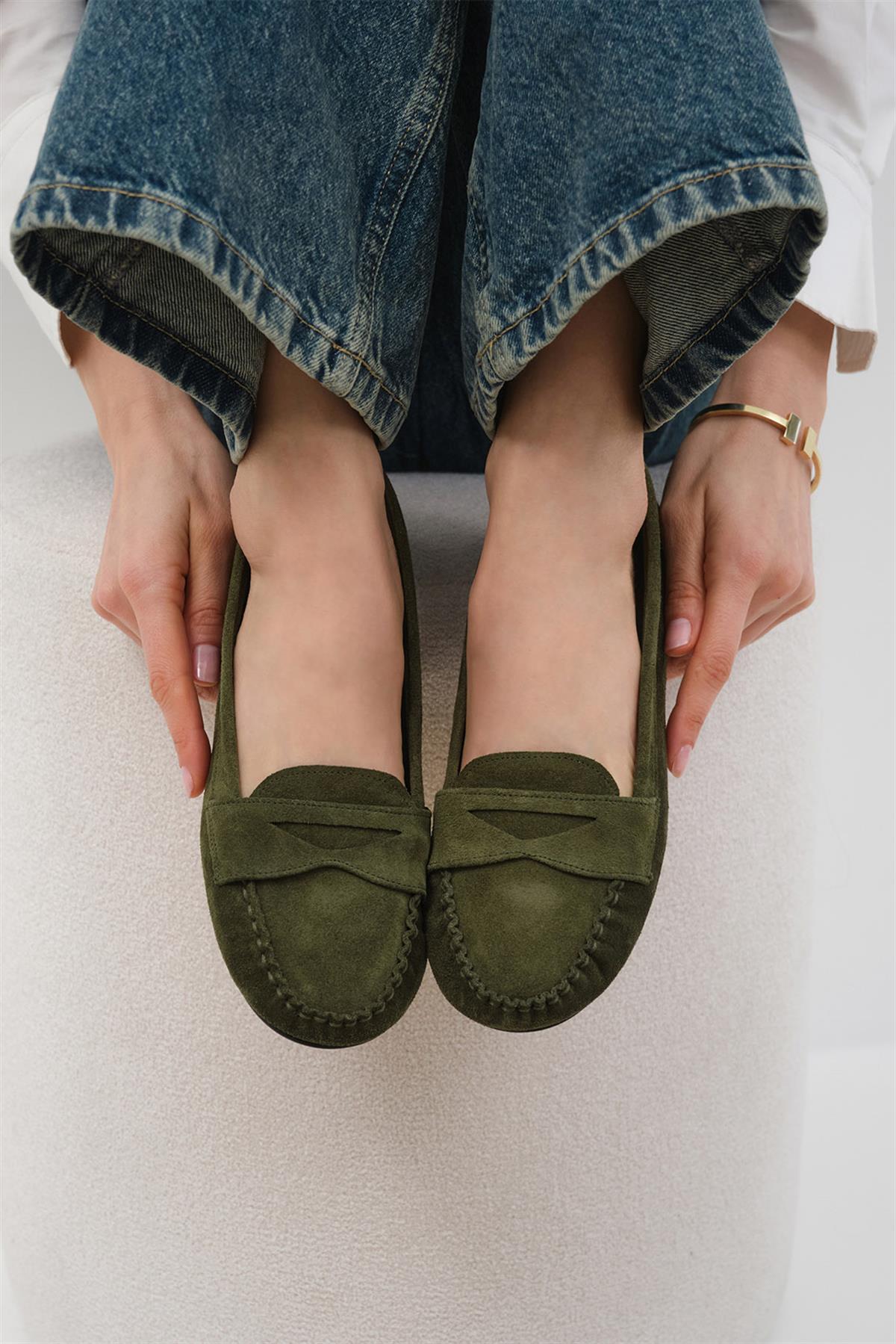 Capri Hakiki Süet Haki Renk Loafer