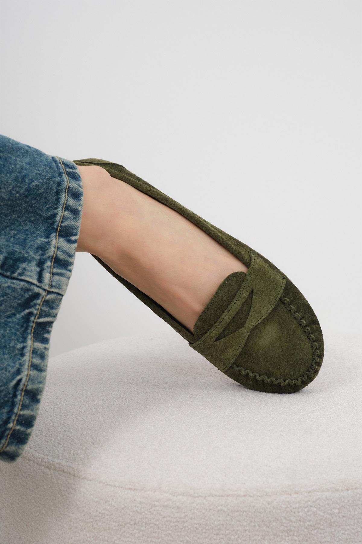 Capri Hakiki Süet Haki Renk Loafer
