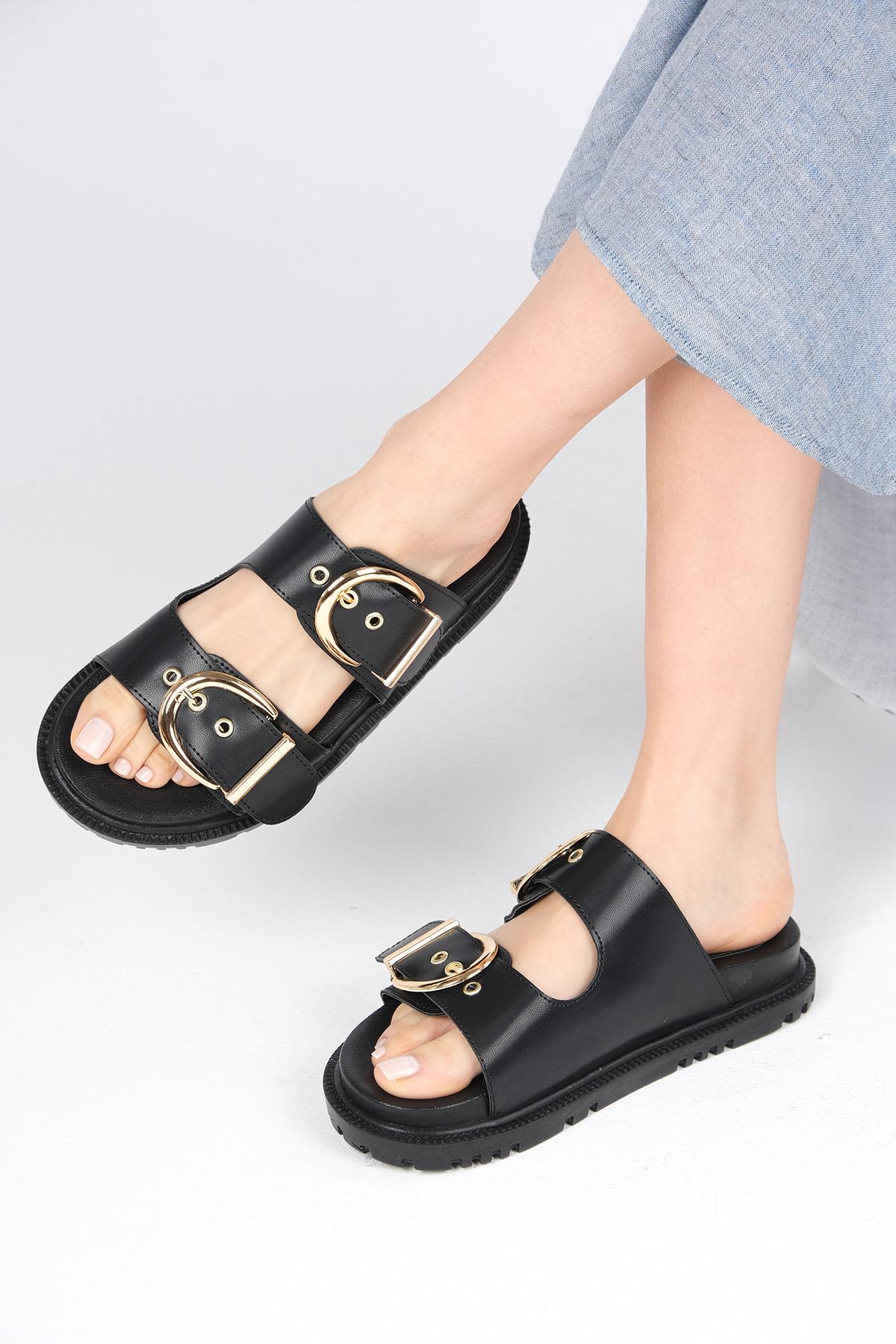 Estella Siyah Renk Çift Tokalı Terlik