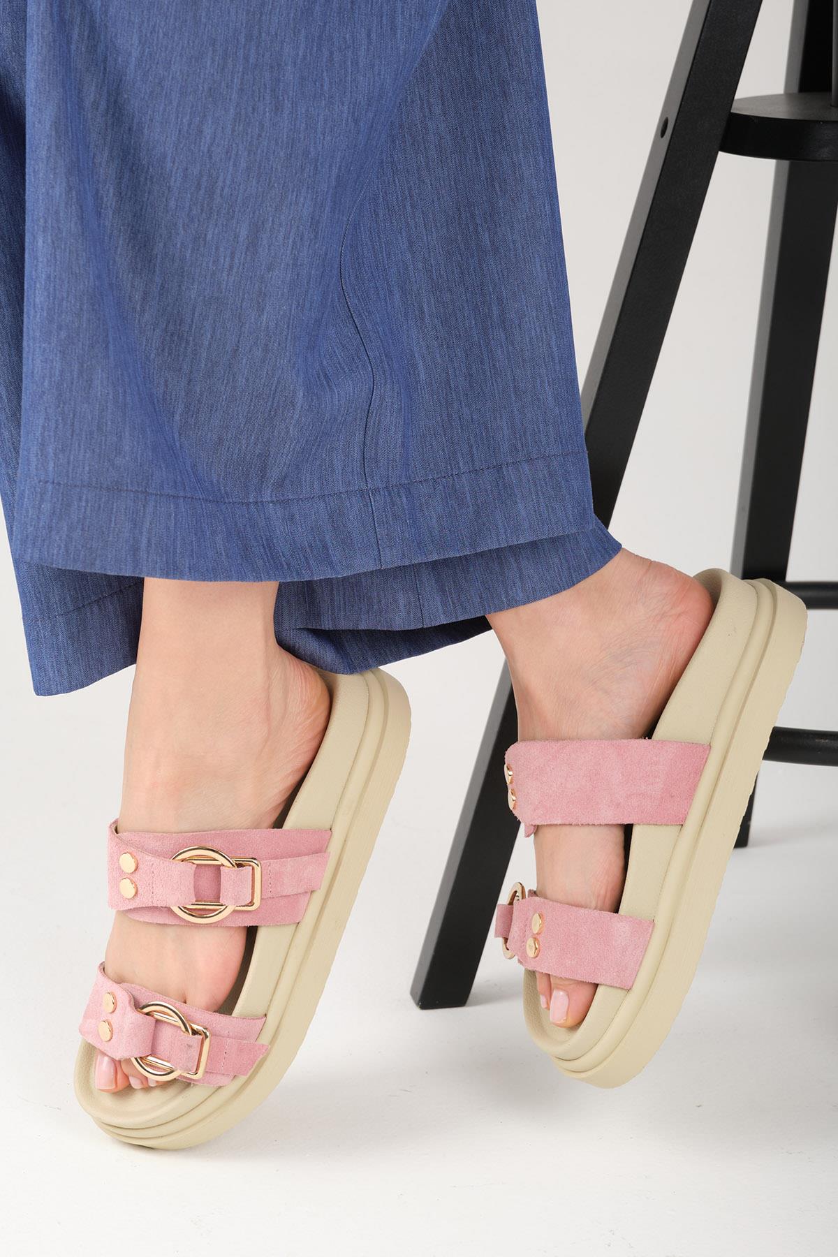 Gretel Hakiki Süet Pudra Renk Çift Tokalı Terlik