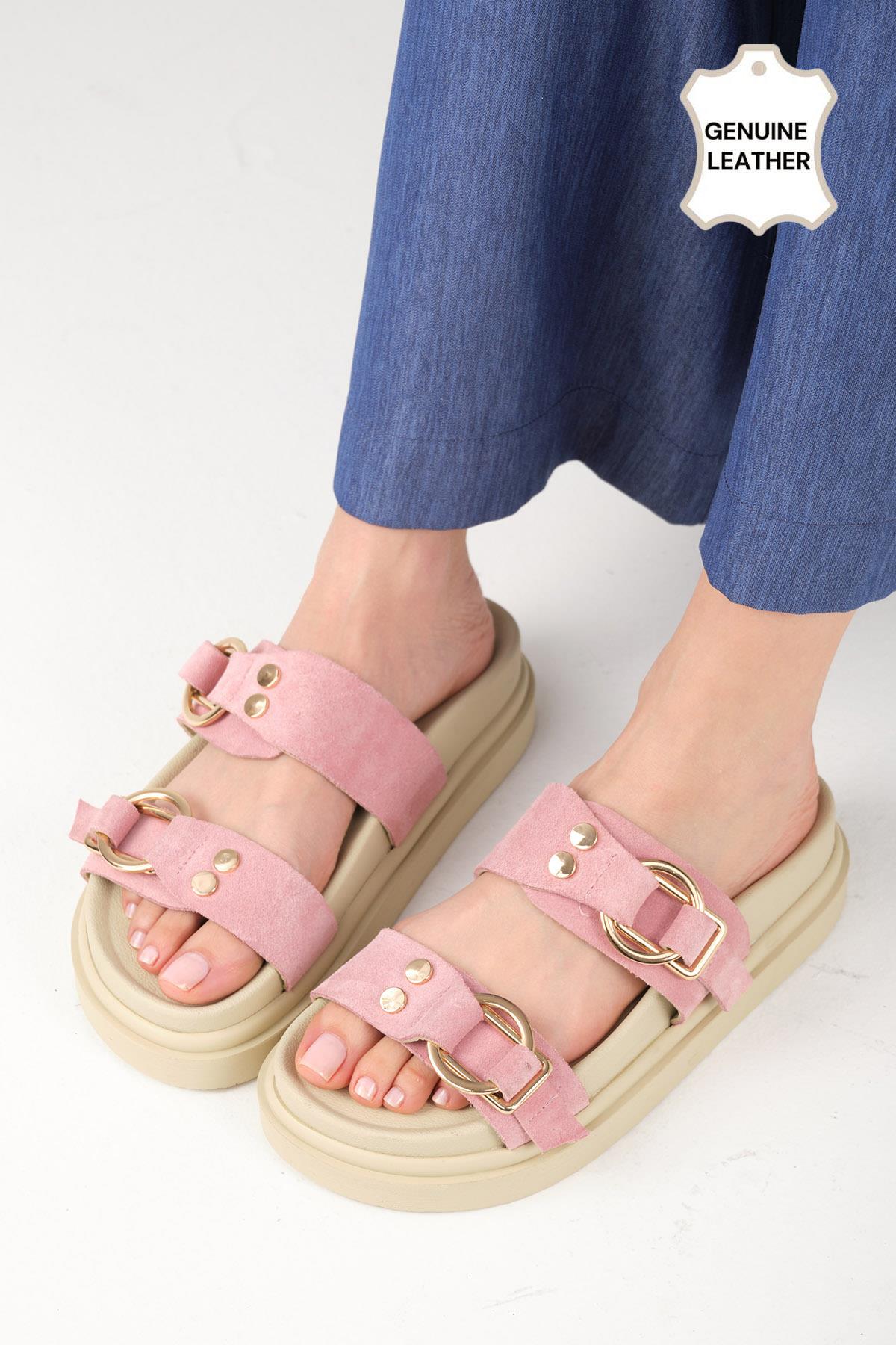 Gretel Hakiki Süet Pudra Renk Çift Tokalı Terlik