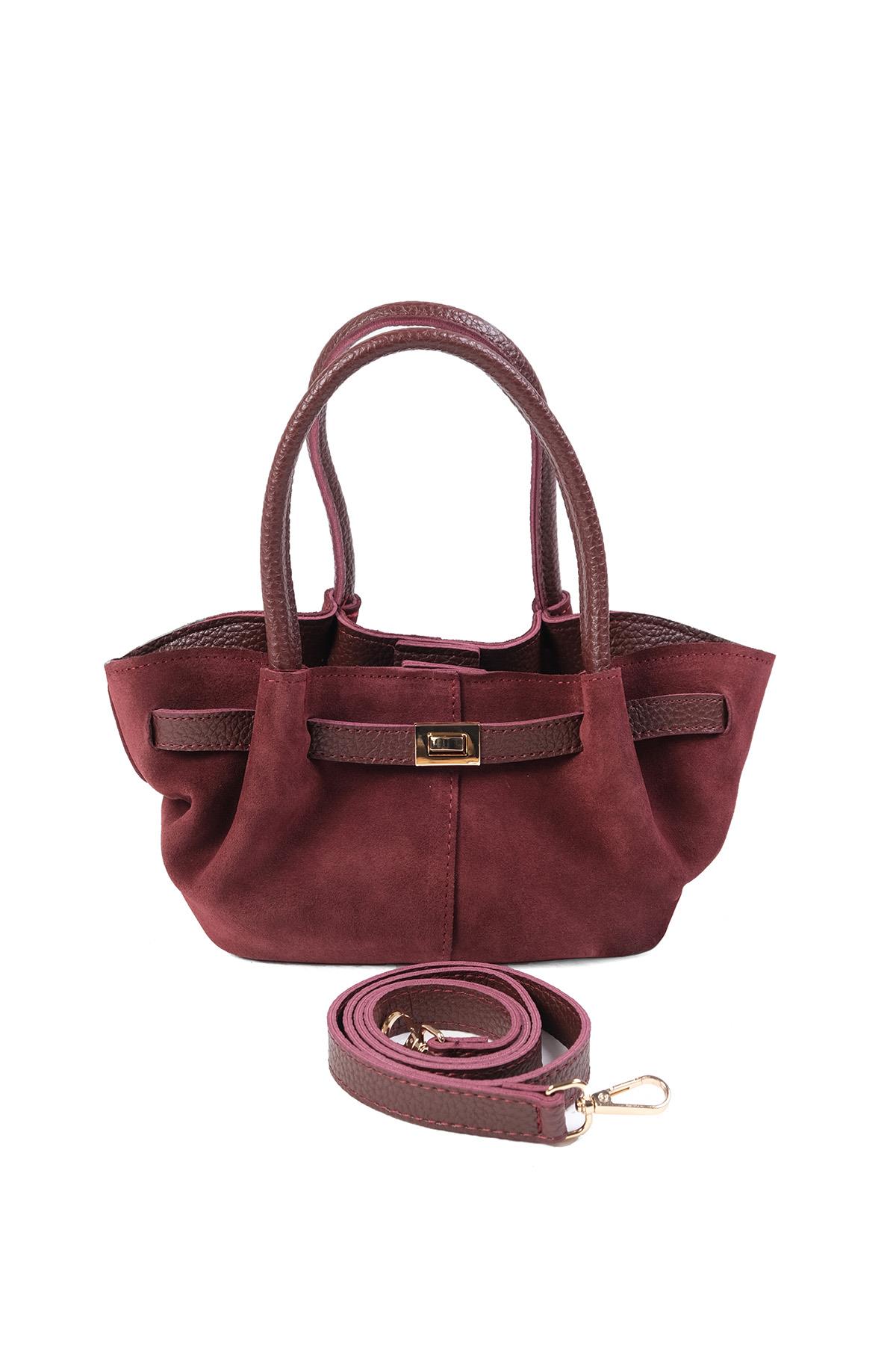 Hakiki Süet Bordo Renk Mini El Ve Kol Çantası