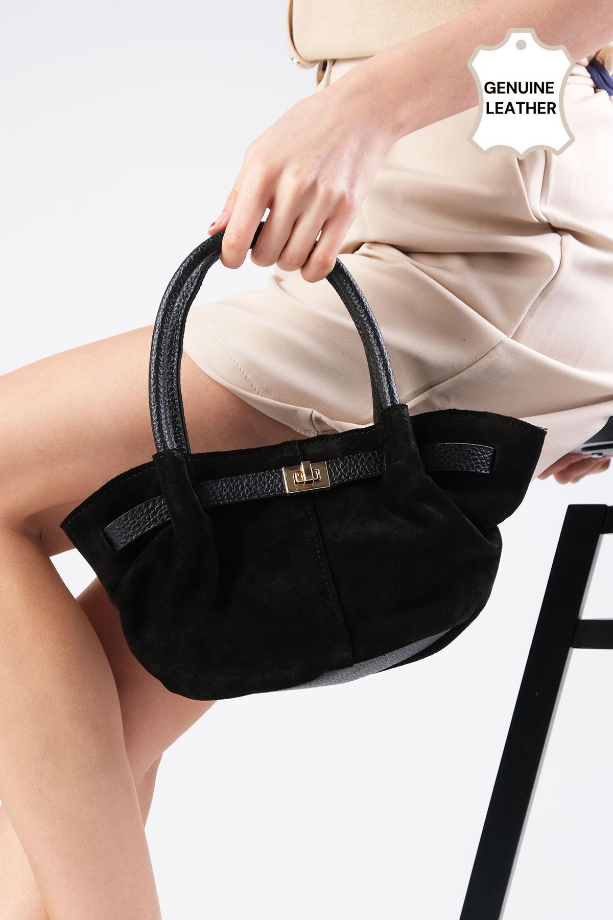 Hakiki Süet Siyah Renk Mini El Ve Kol Çantası