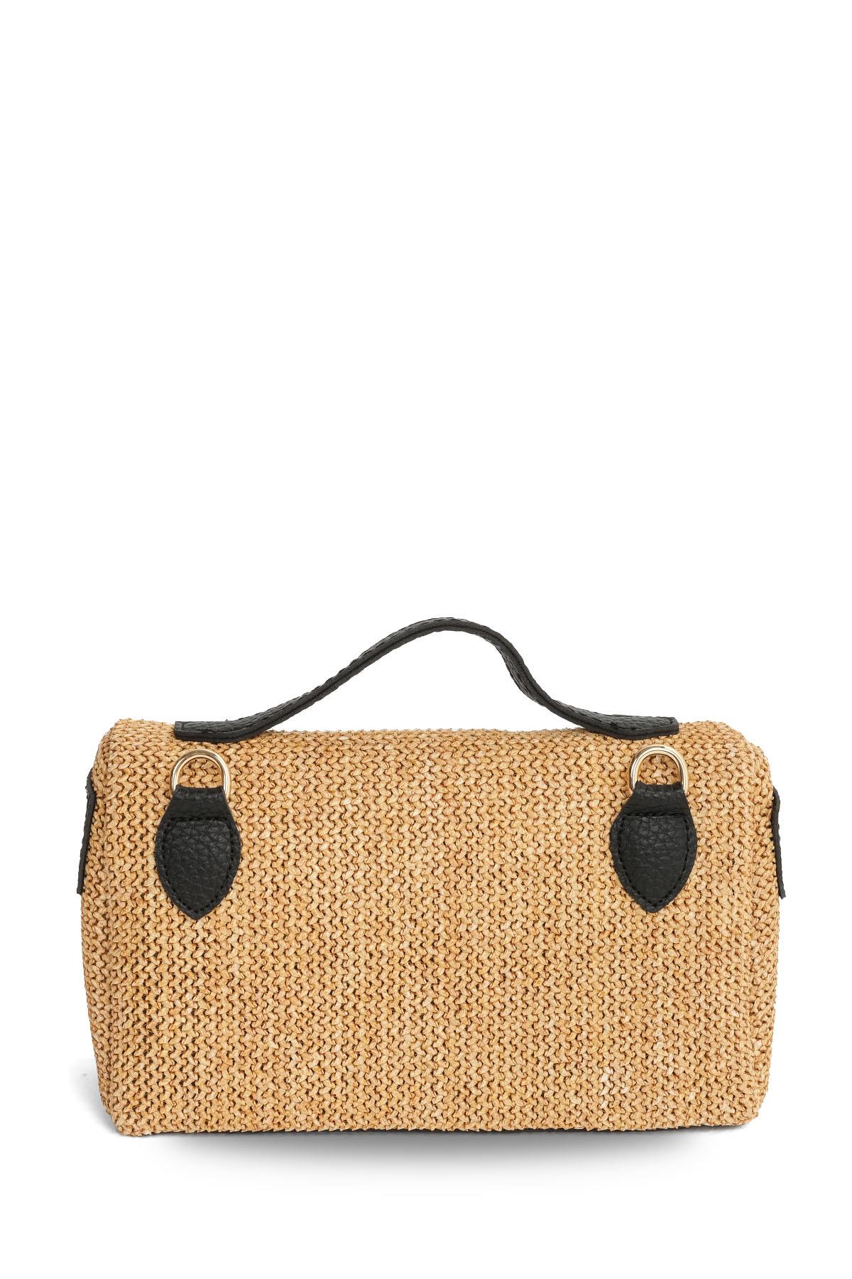 Hasır Dokulu Siyah Şeritli El Çantası