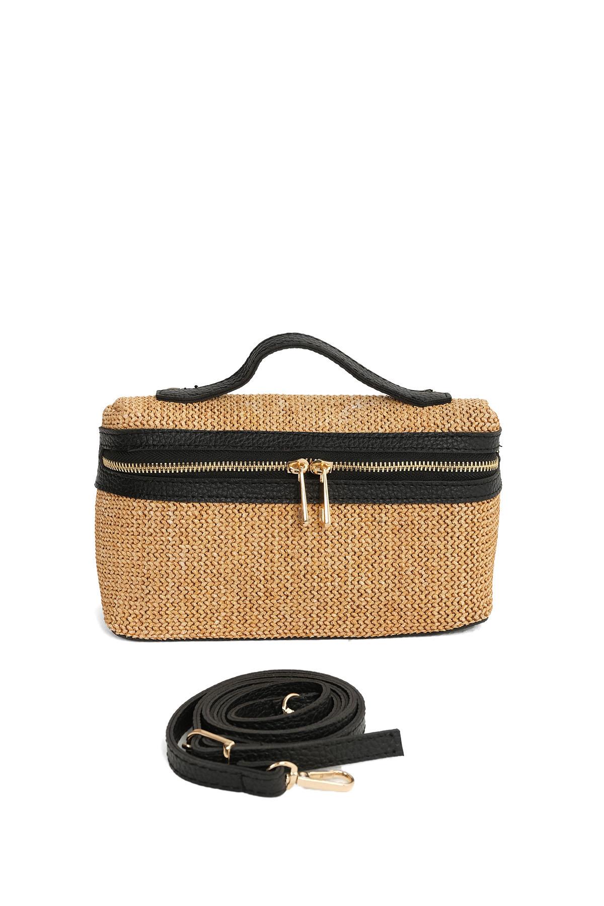 Hasır Dokulu Siyah Şeritli El Çantası