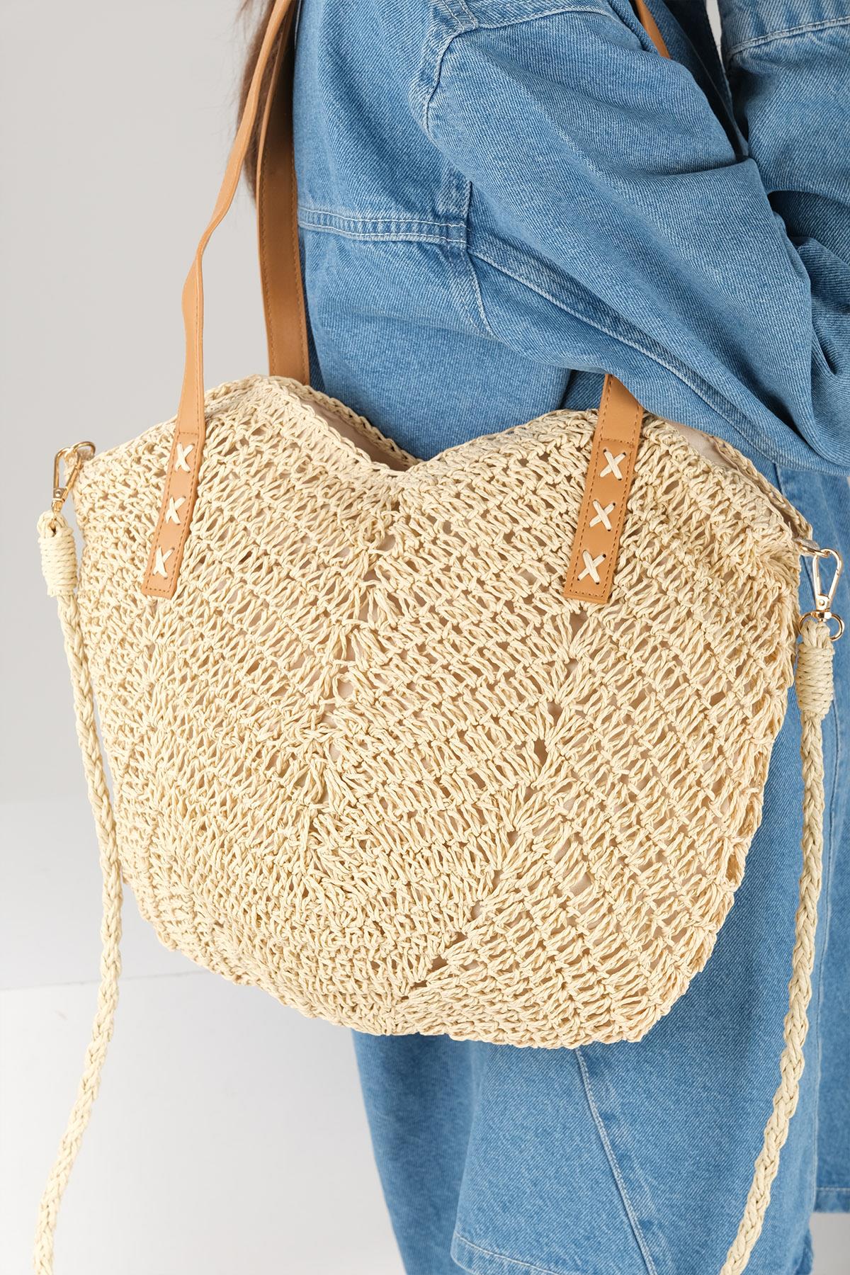 Hasır Örgü Bej Renk Yuvarlak Tabanlı Omuz Çantası