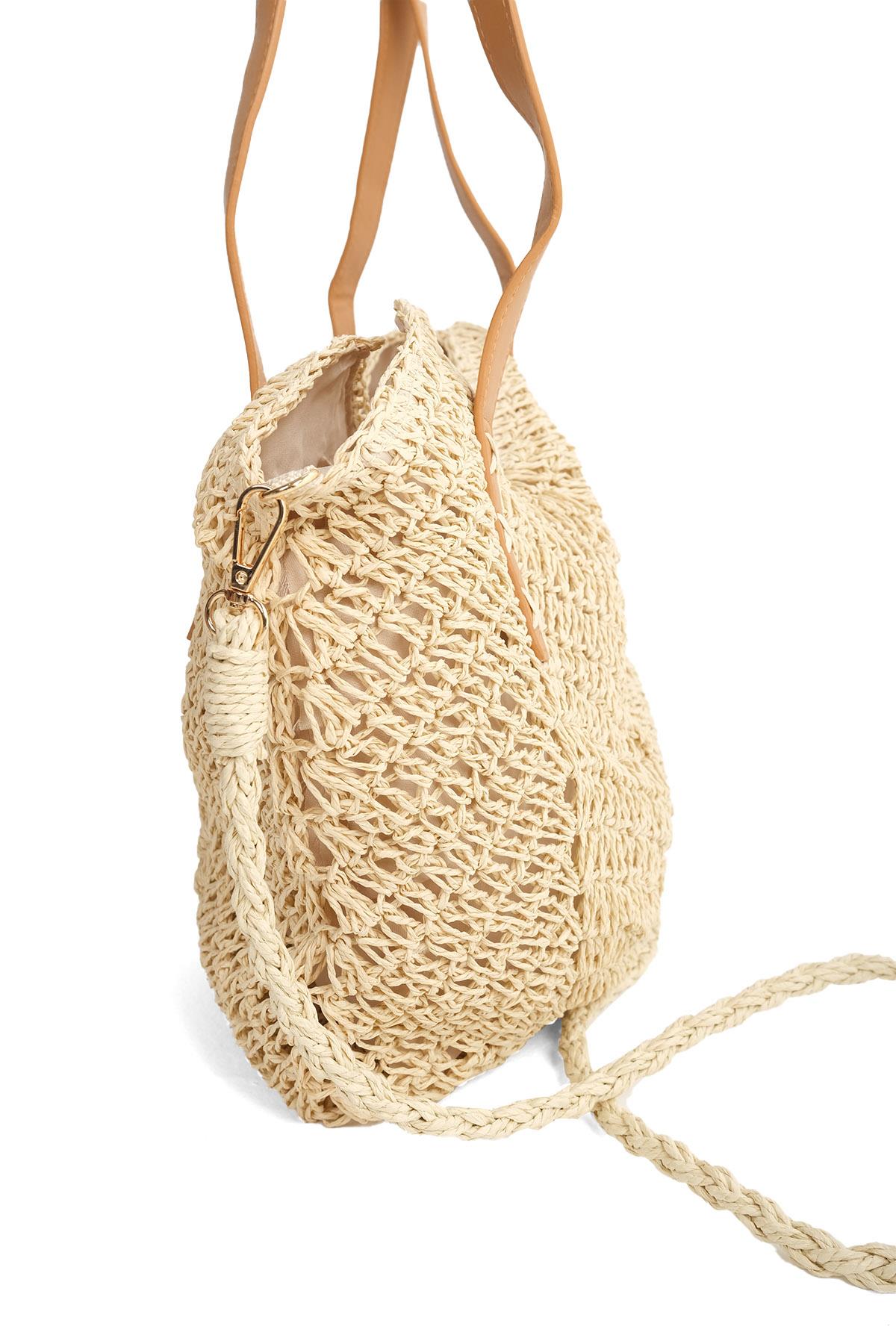 Hasır Örgü Bej Renk Yuvarlak Tabanlı Omuz Çantası