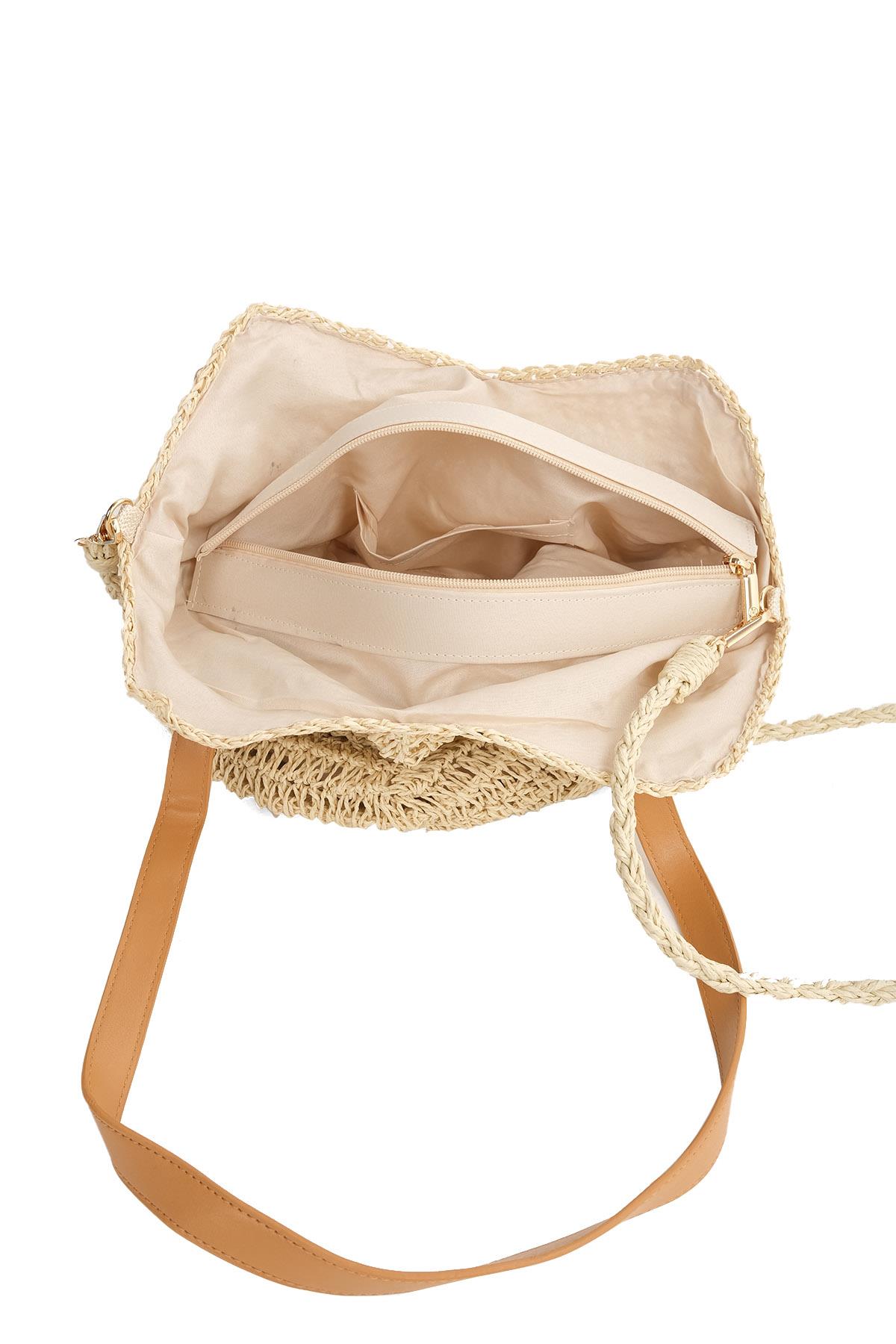 Hasır Örgü Bej Renk Yuvarlak Tabanlı Omuz Çantası