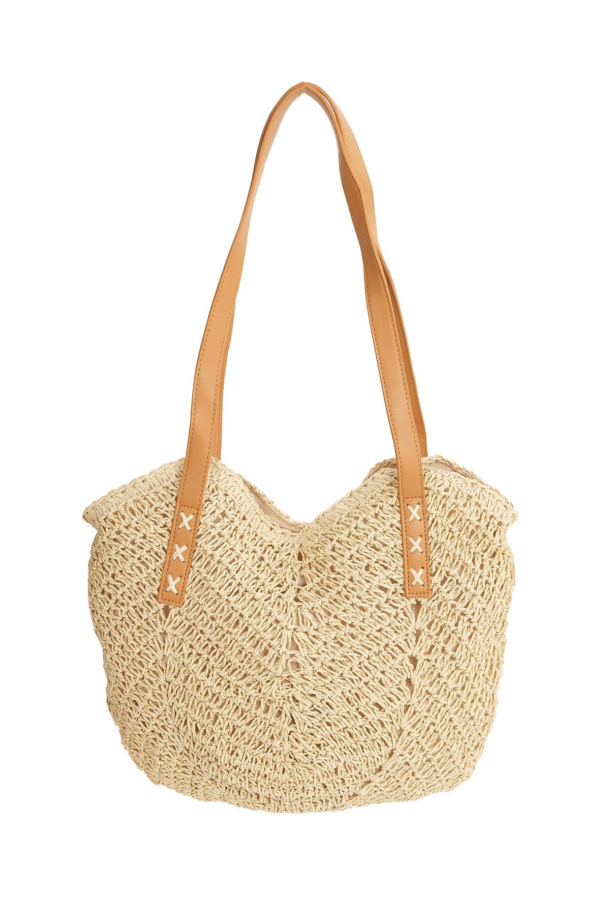 Hasır Örgü Bej Renk Yuvarlak Tabanlı Omuz Çantası