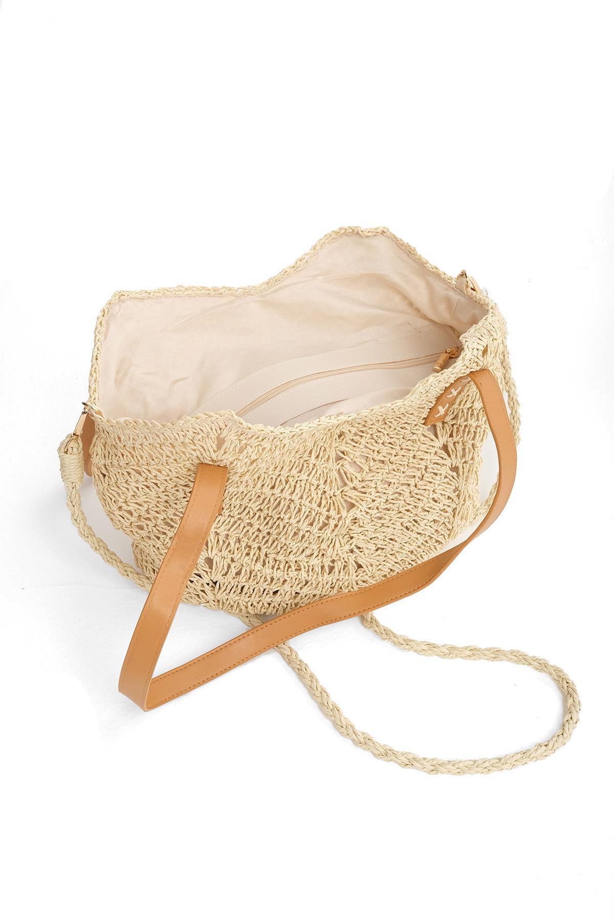 Hasır Örgü Bej Renk Yuvarlak Tabanlı Omuz Çantası