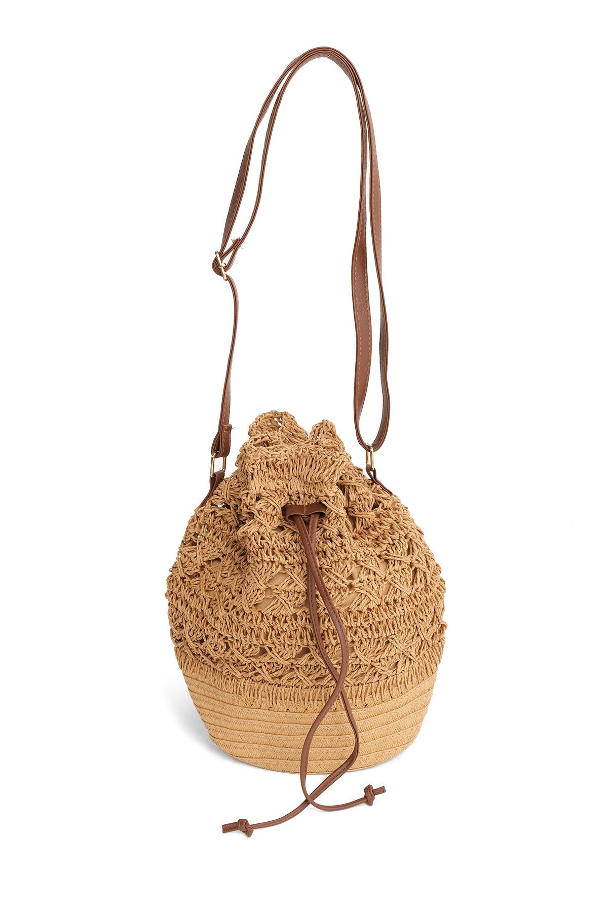 Hasır Örgü Camel Renk Omuz Çantası