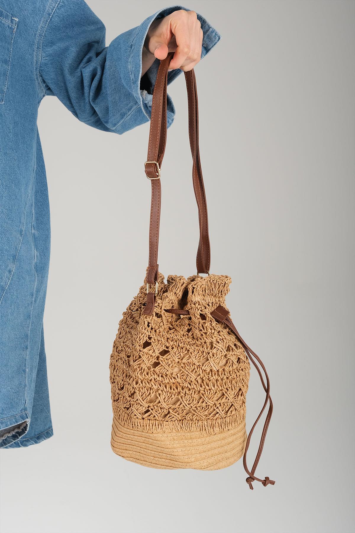 Hasır Örgü Camel Renk Omuz Çantası