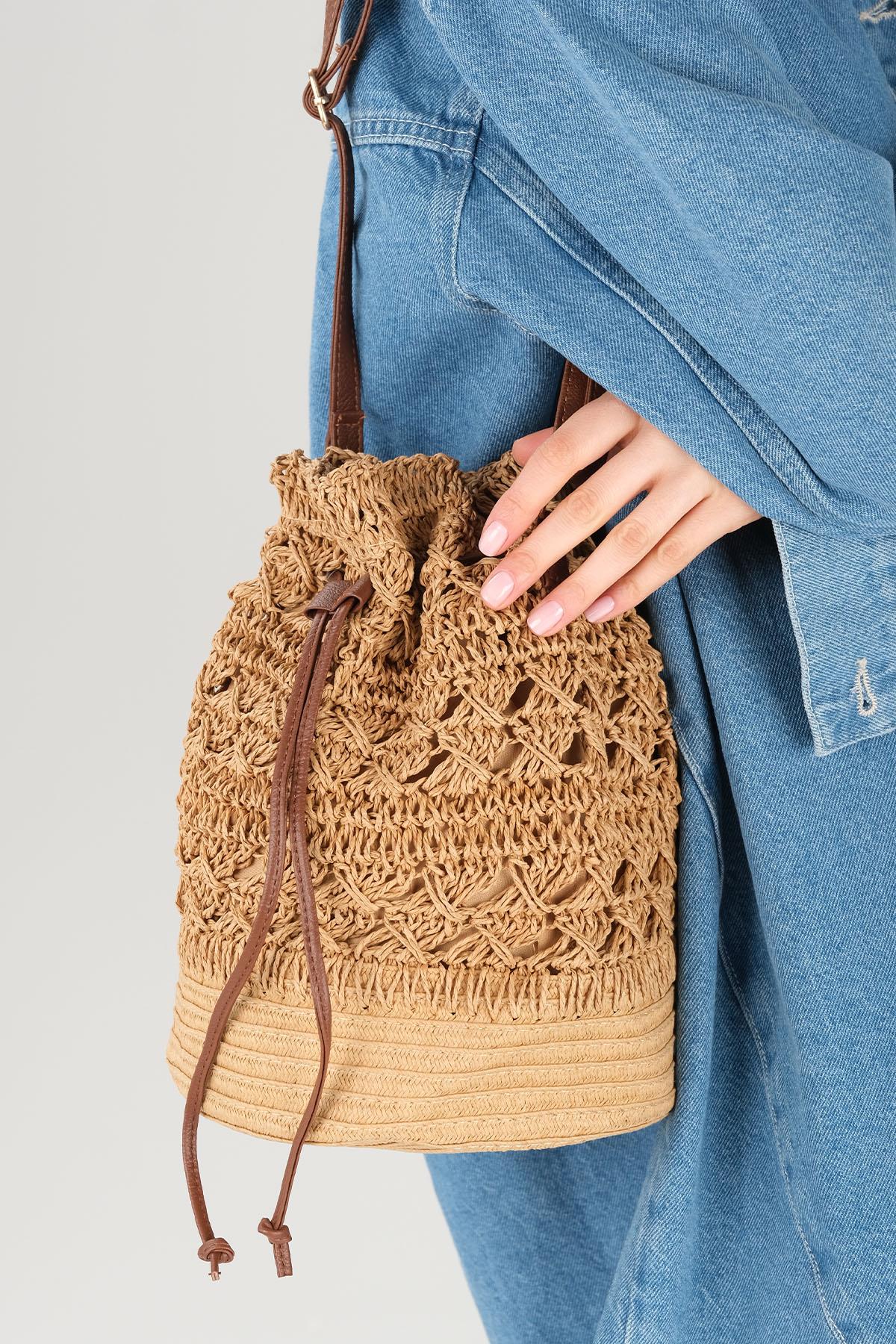 Hasır Örgü Camel Renk Omuz Çantası