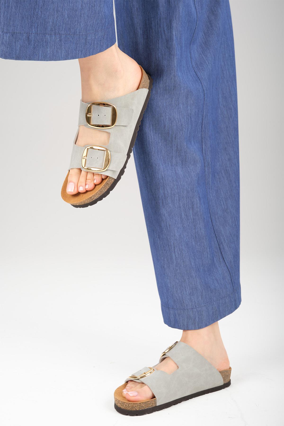 Ines Gri Renk Ortopedik Mantar Tabanlı Terlik