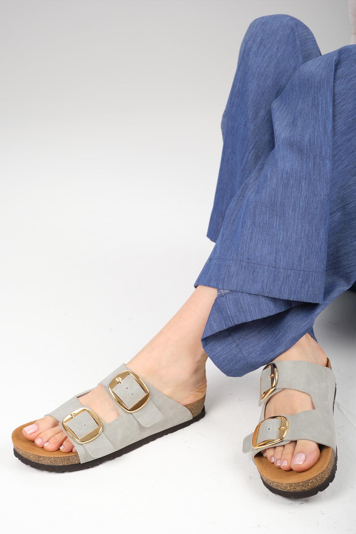 Ines Gri Renk Ortopedik Mantar Tabanlı Terlik