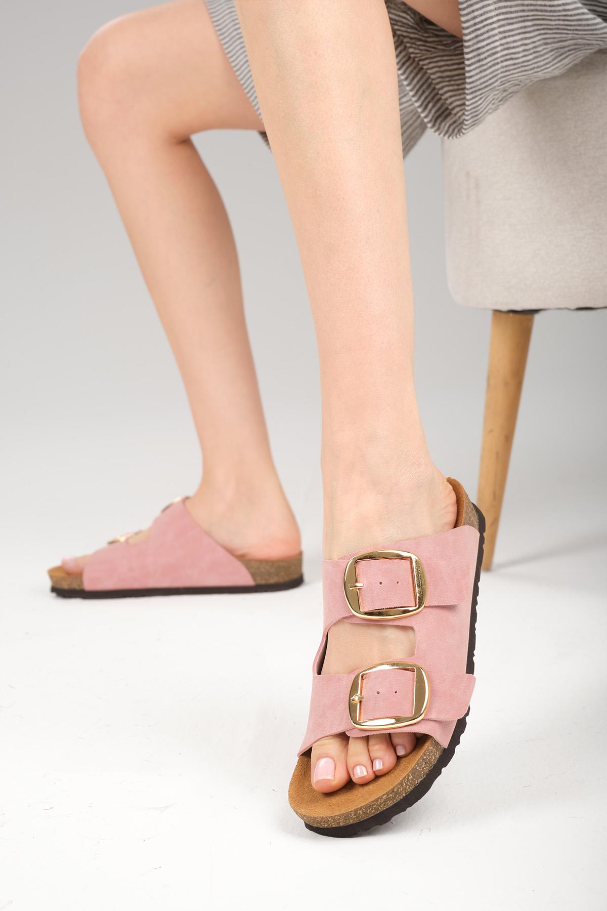 Ines Pudra Renk Ortopedik Mantar Tabanlı Terlik