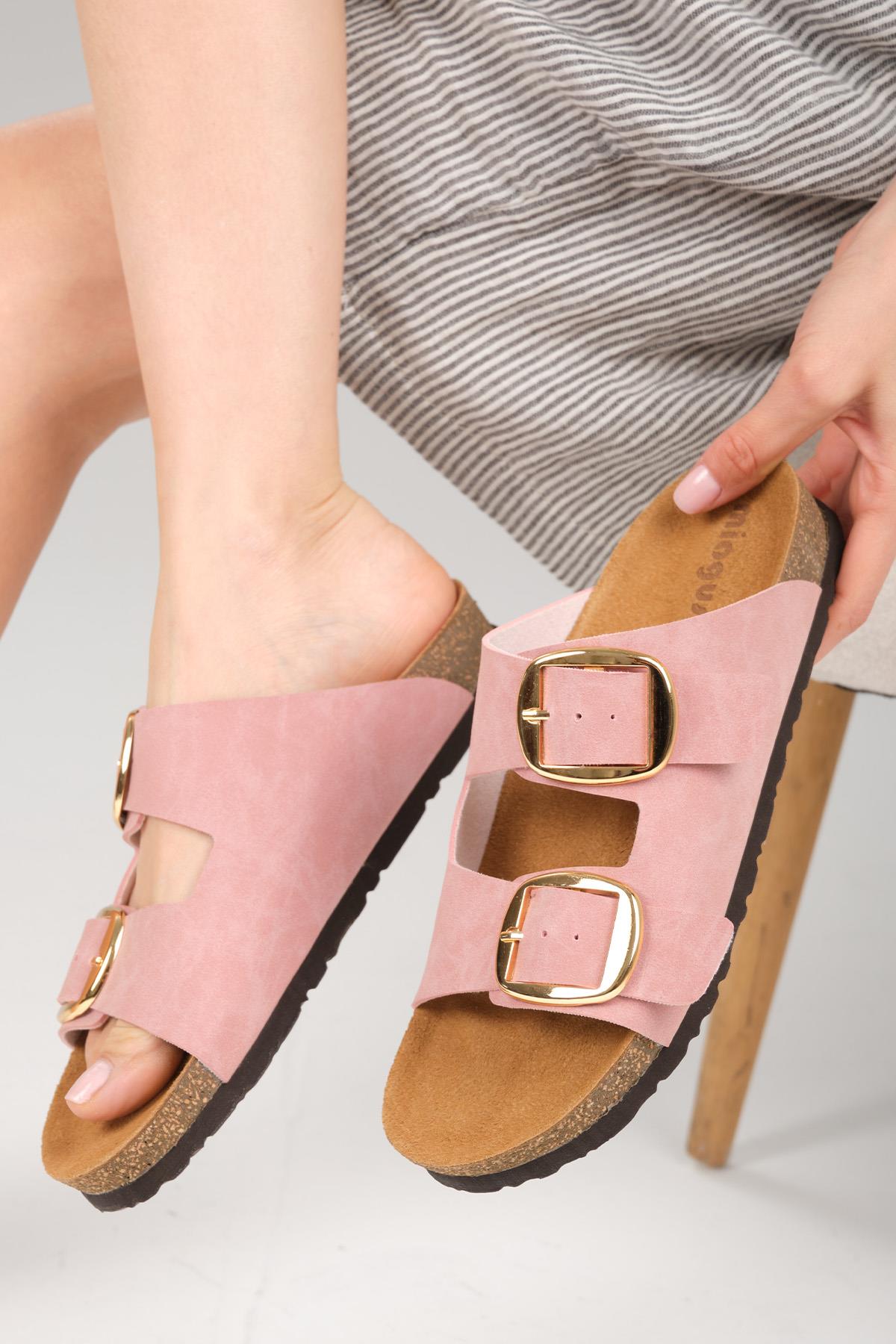 Ines Pudra Renk Ortopedik Mantar Tabanlı Terlik