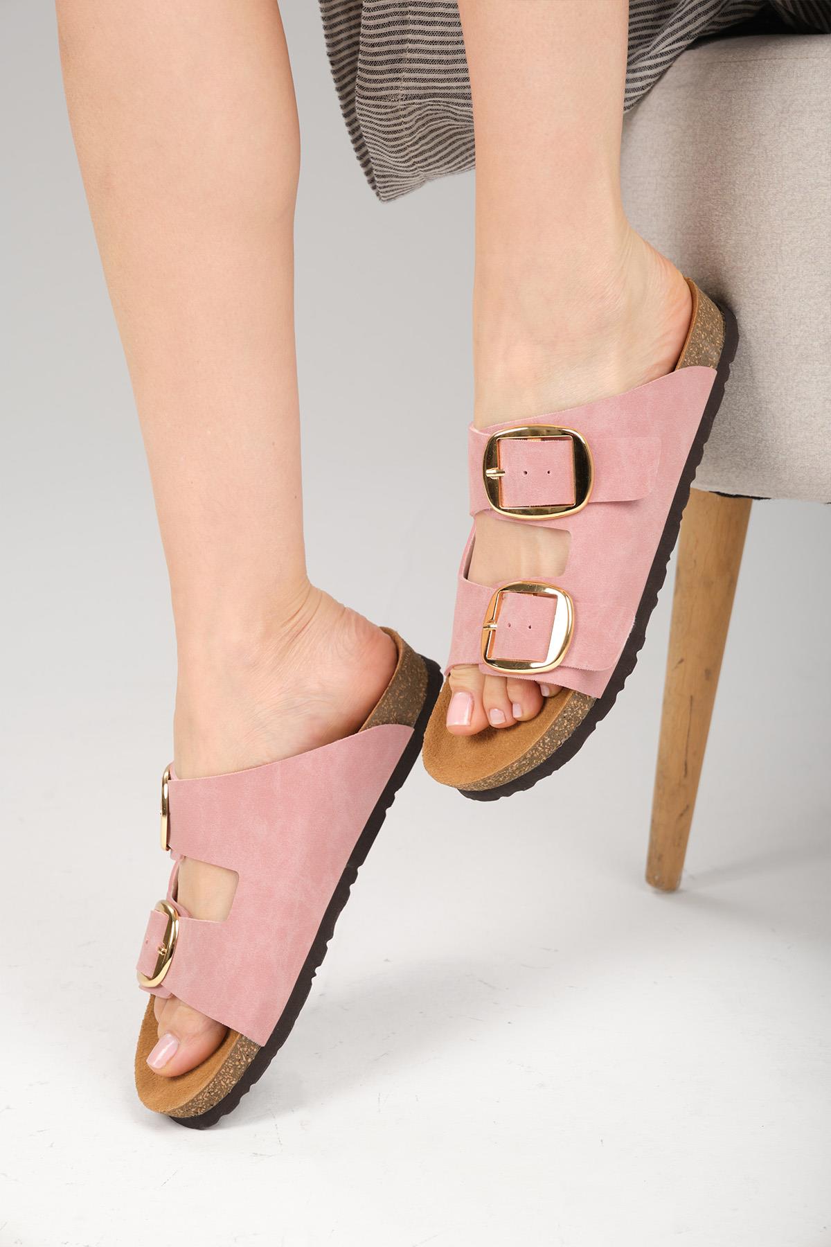 Ines Pudra Renk Ortopedik Mantar Tabanlı Terlik