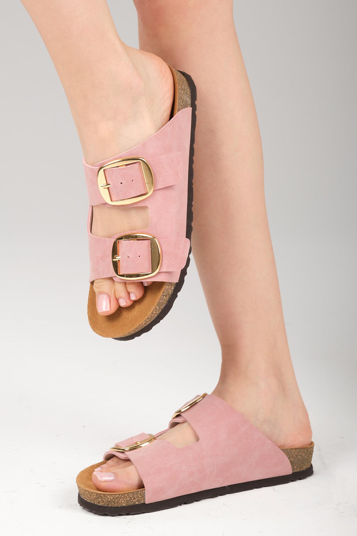 Ines Pudra Renk Ortopedik Mantar Tabanlı Terlik