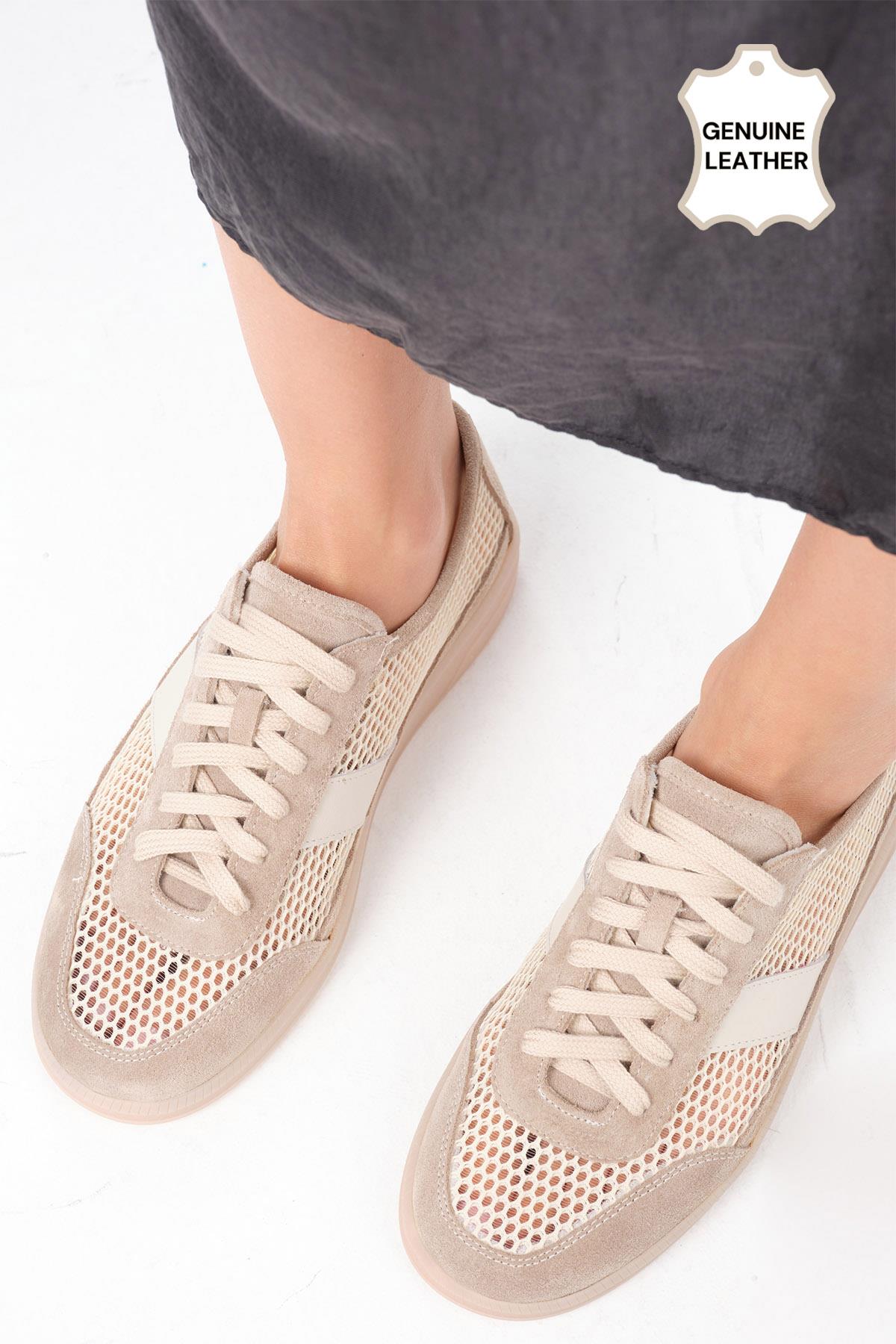 İrina Hakiki Deri Bej Renk Fileli Spor Ayakkabı