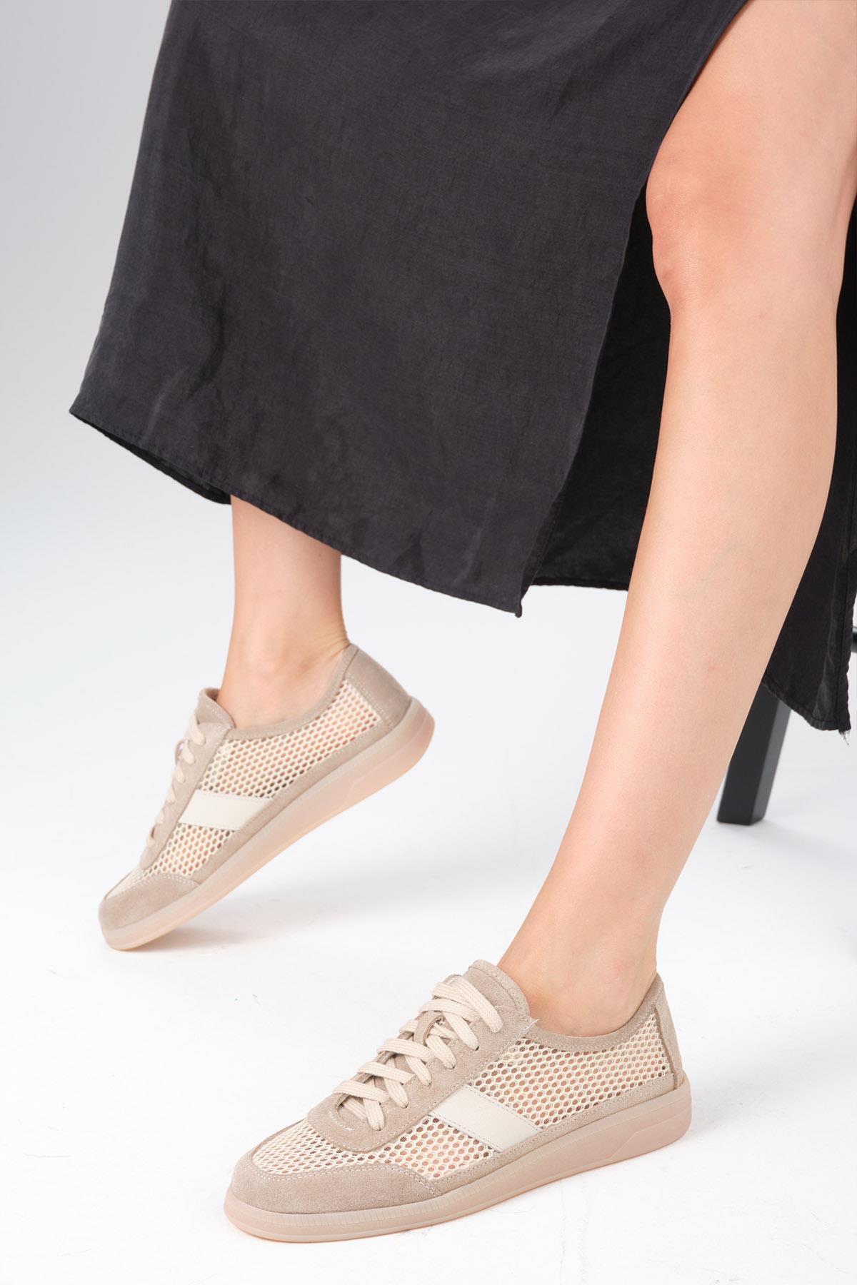 İrina Hakiki Deri Bej Renk Fileli Spor Ayakkabı