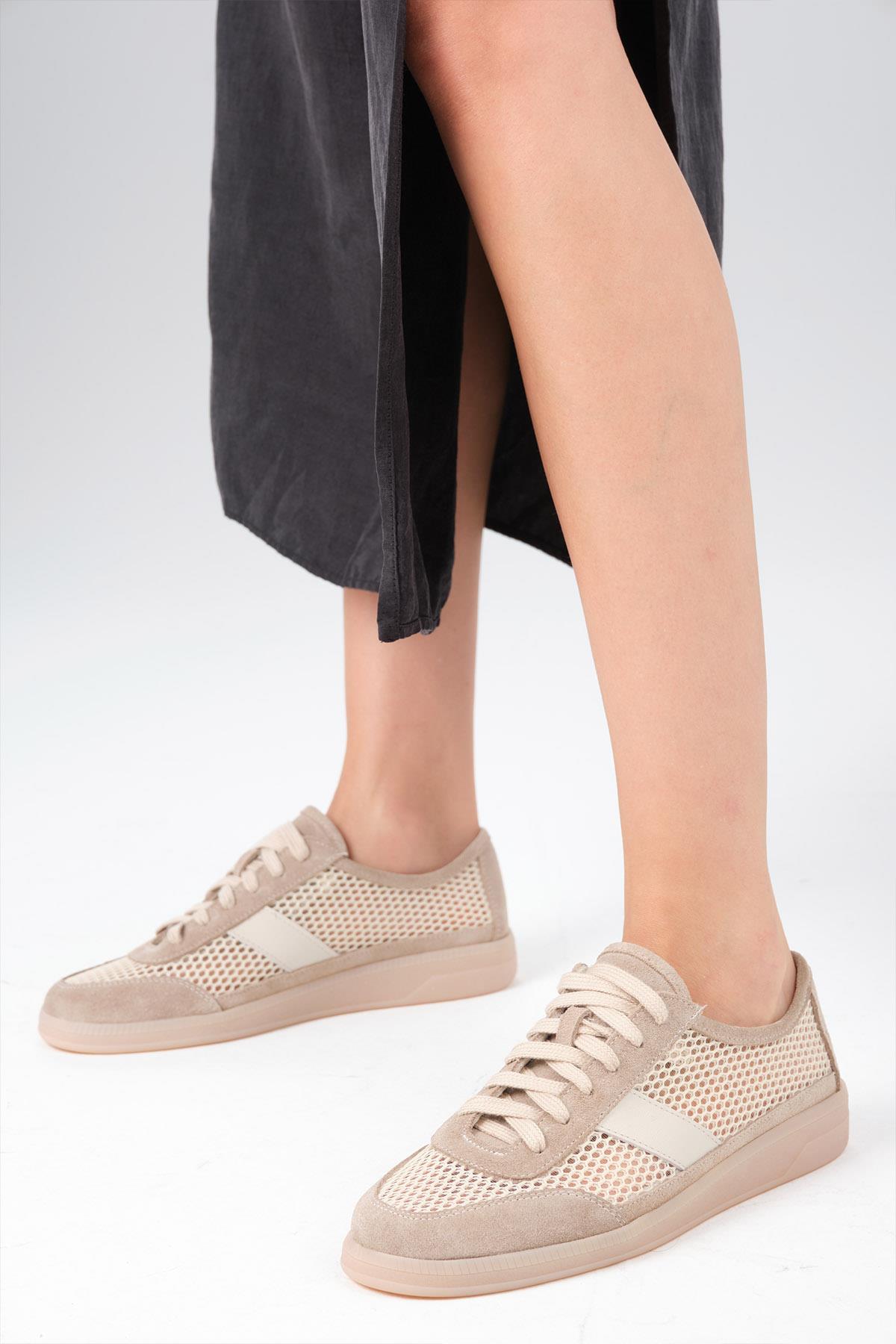 İrina Hakiki Deri Bej Renk Fileli Spor Ayakkabı