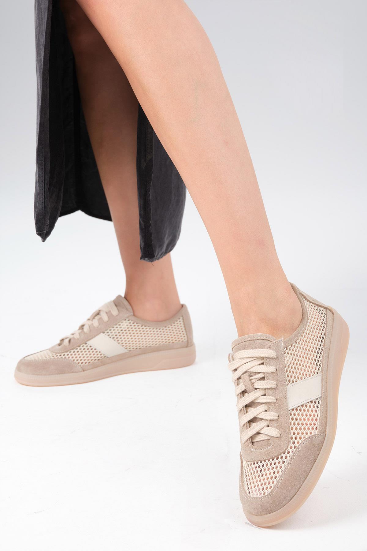 İrina Hakiki Deri Bej Renk Fileli Spor Ayakkabı