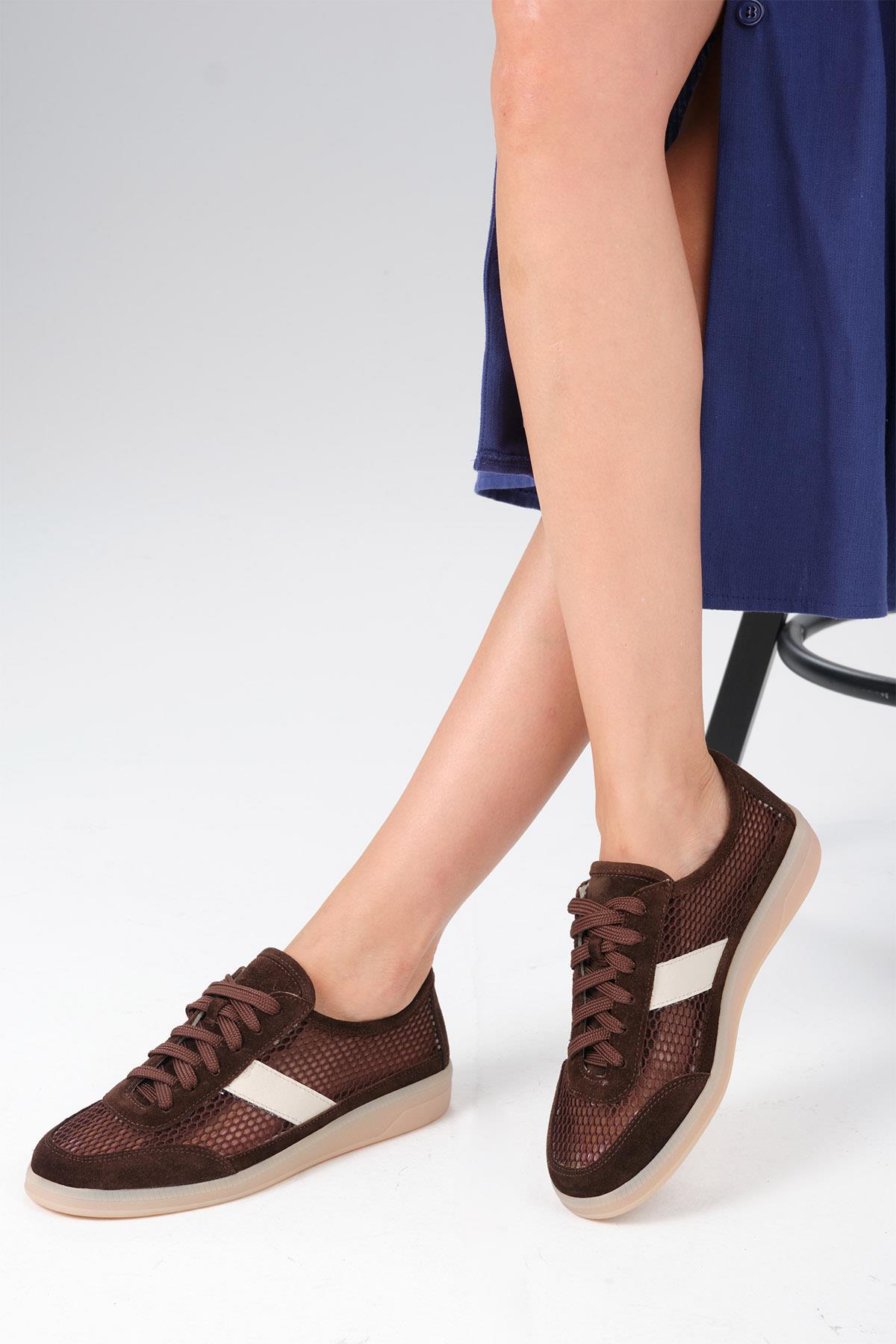 İrina Hakiki Deri Kahverengi Fileli Spor Ayakkabı