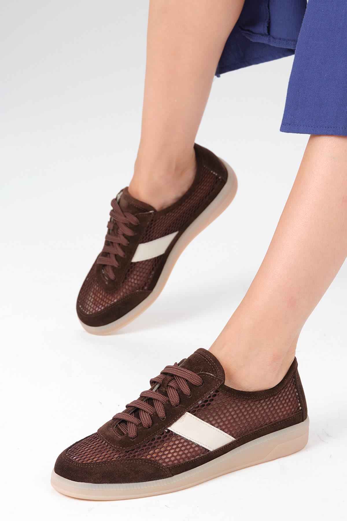 İrina Hakiki Deri Kahverengi Fileli Spor Ayakkabı