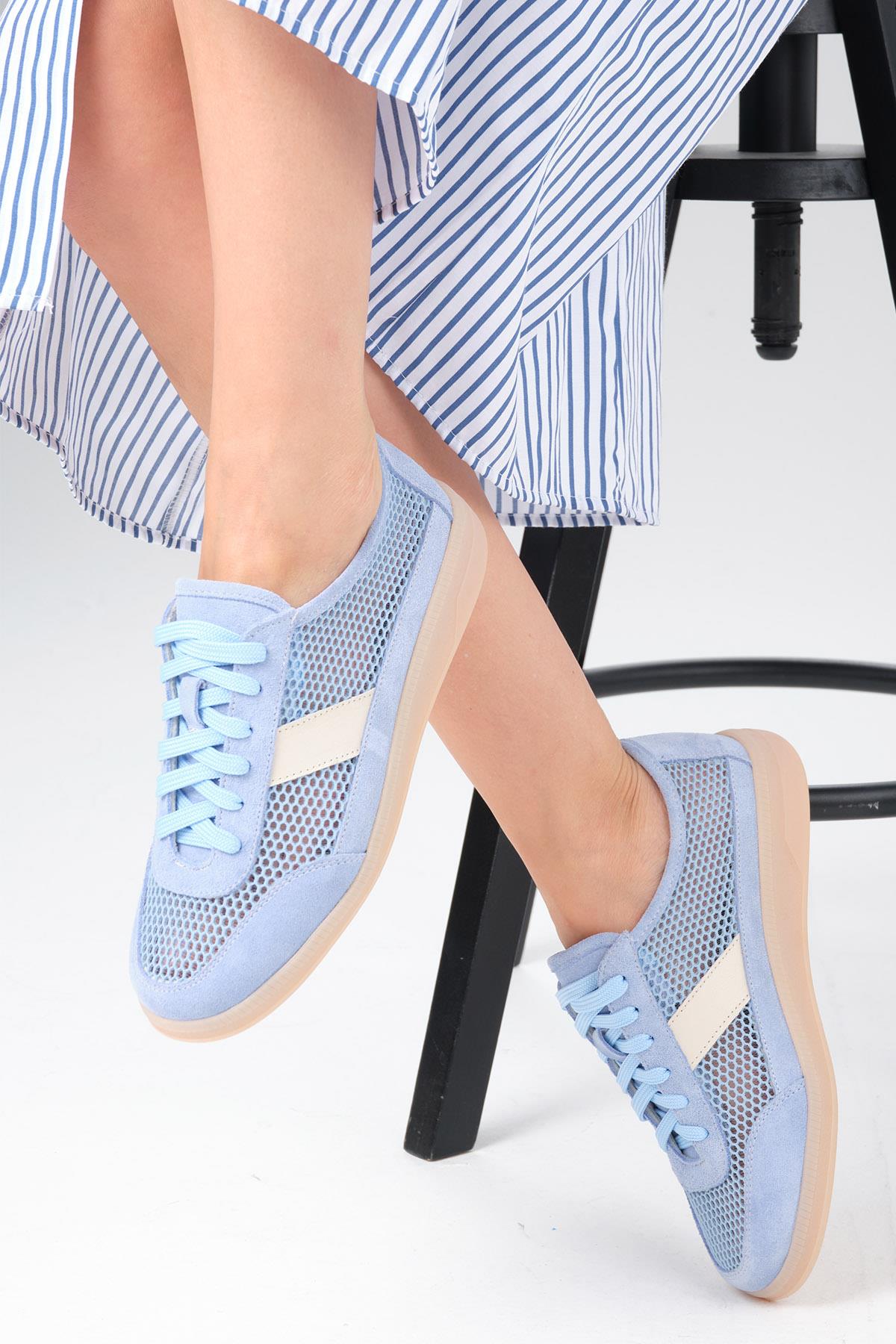 İrina Hakiki Deri Mavi Renk Fileli Spor Ayakkabı