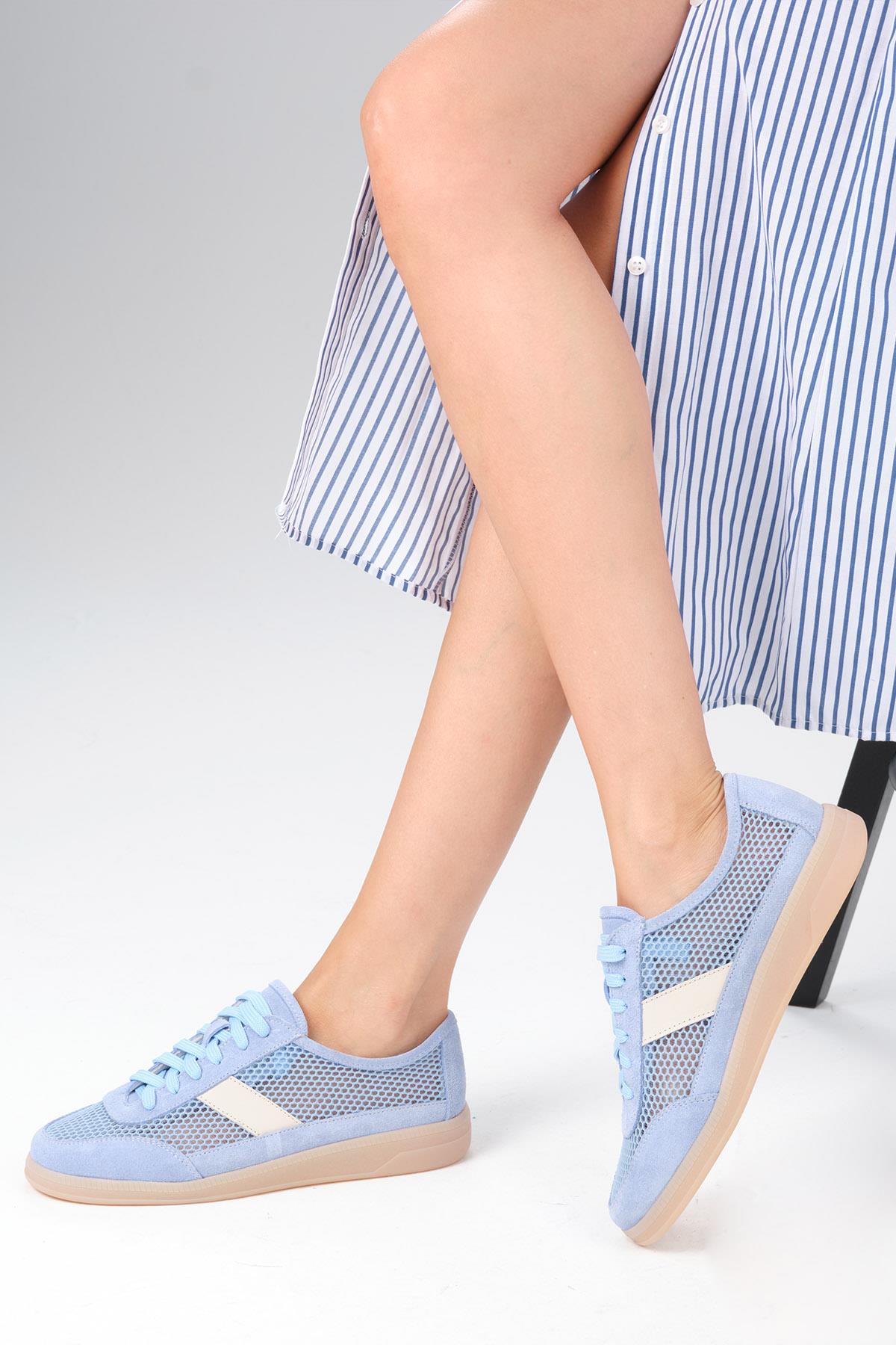 İrina Hakiki Deri Mavi Renk Fileli Spor Ayakkabı