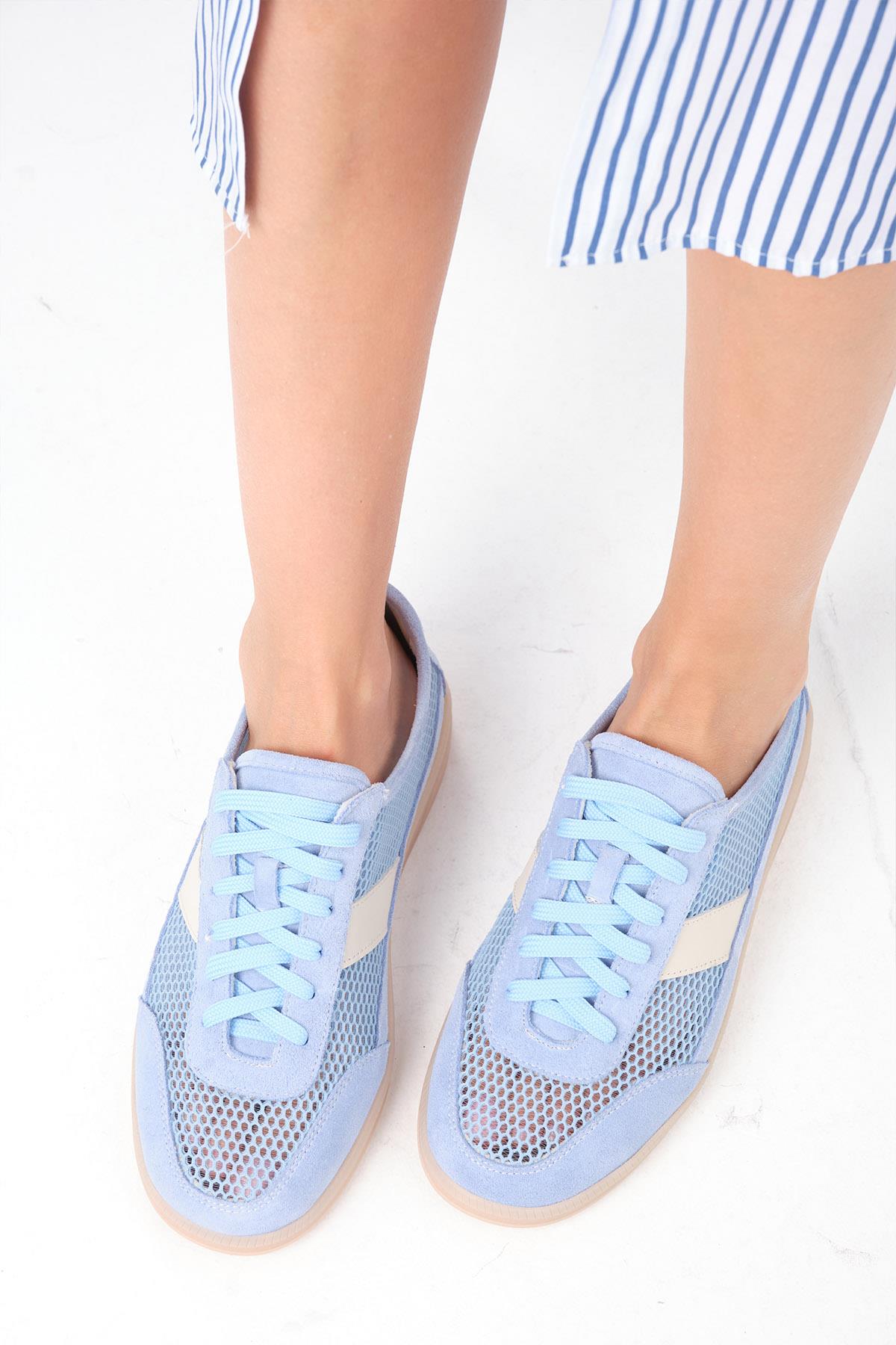 İrina Hakiki Deri Mavi Renk Fileli Spor Ayakkabı
