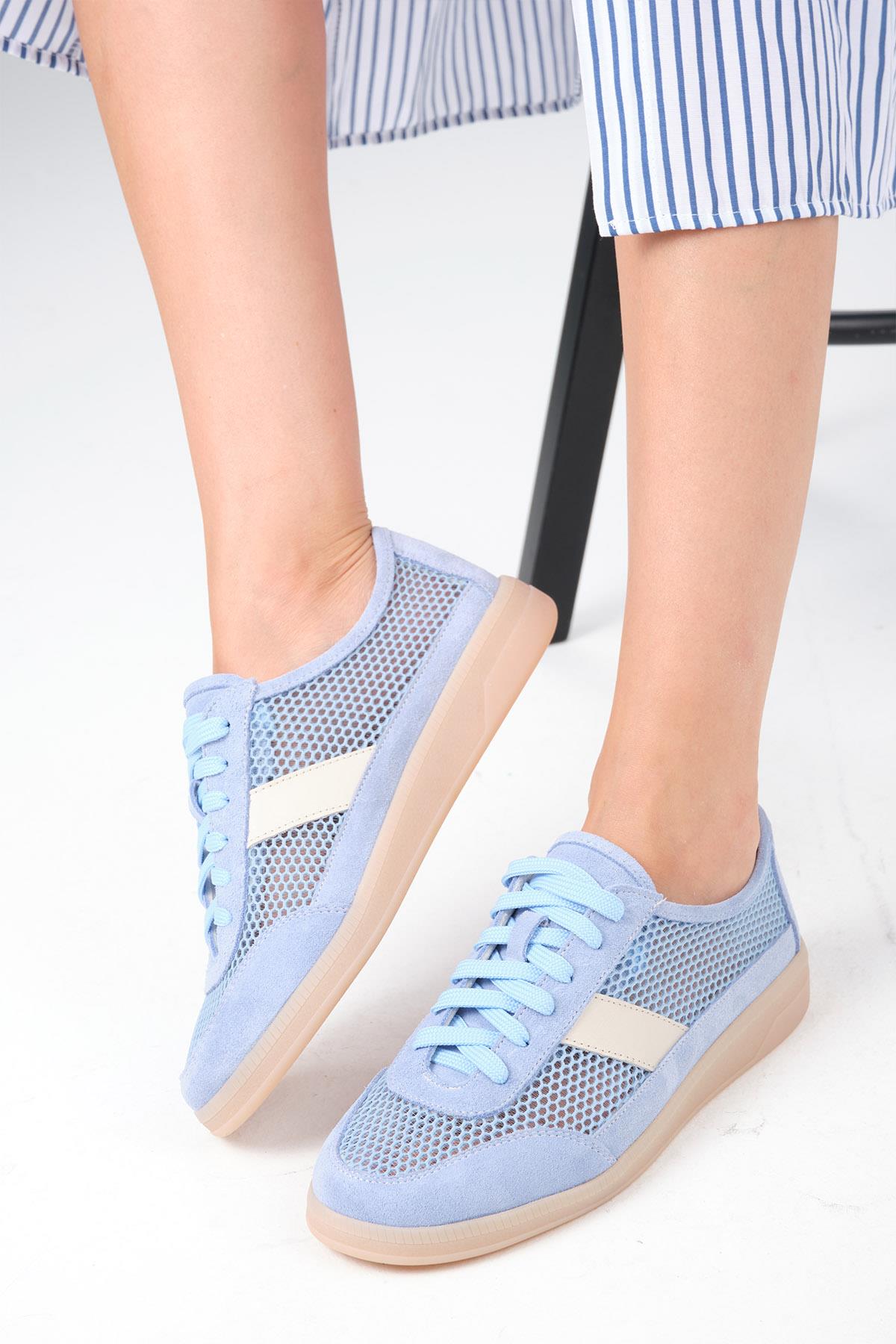 İrina Hakiki Deri Mavi Renk Fileli Spor Ayakkabı