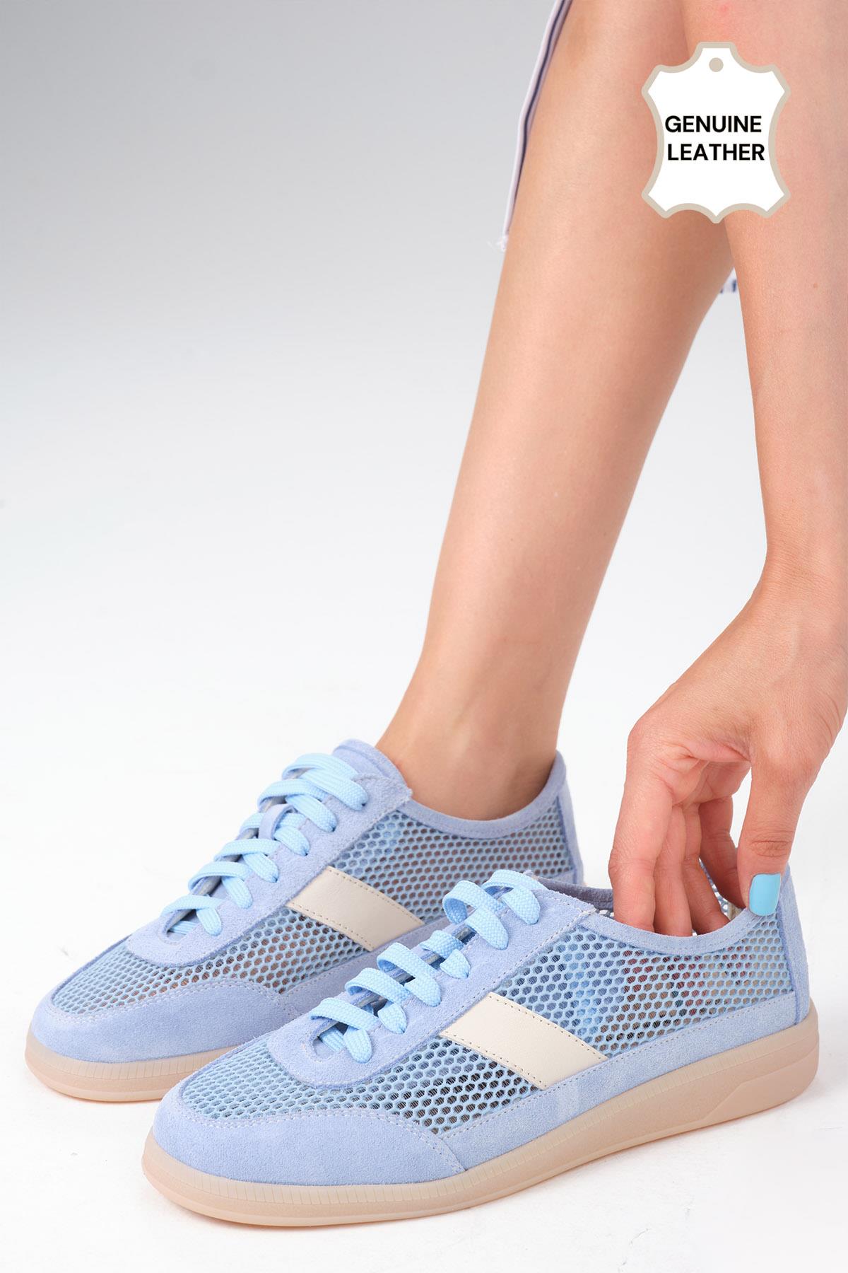 İrina Hakiki Deri Mavi Renk Fileli Spor Ayakkabı