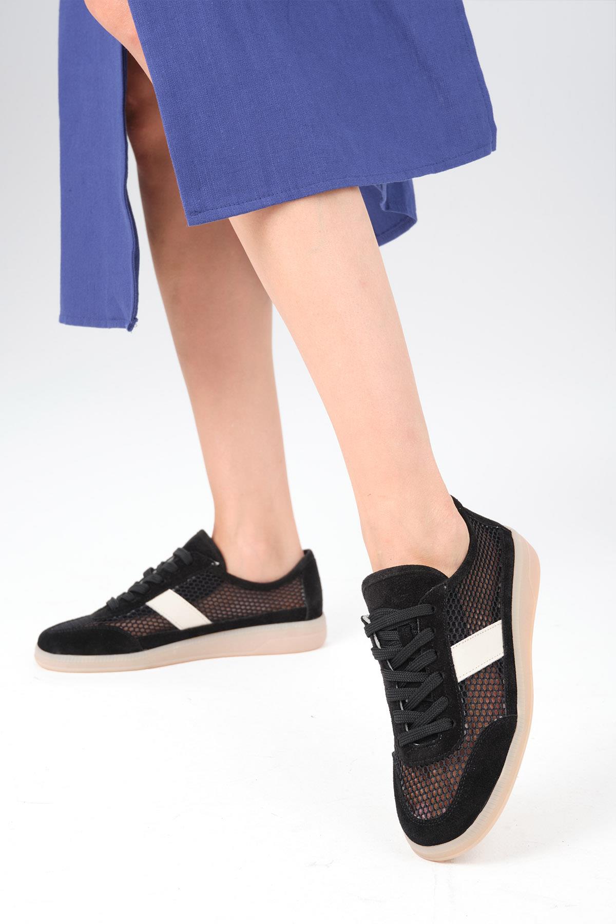 İrina Hakiki Deri Siyah Renk Fileli Spor Ayakkabı