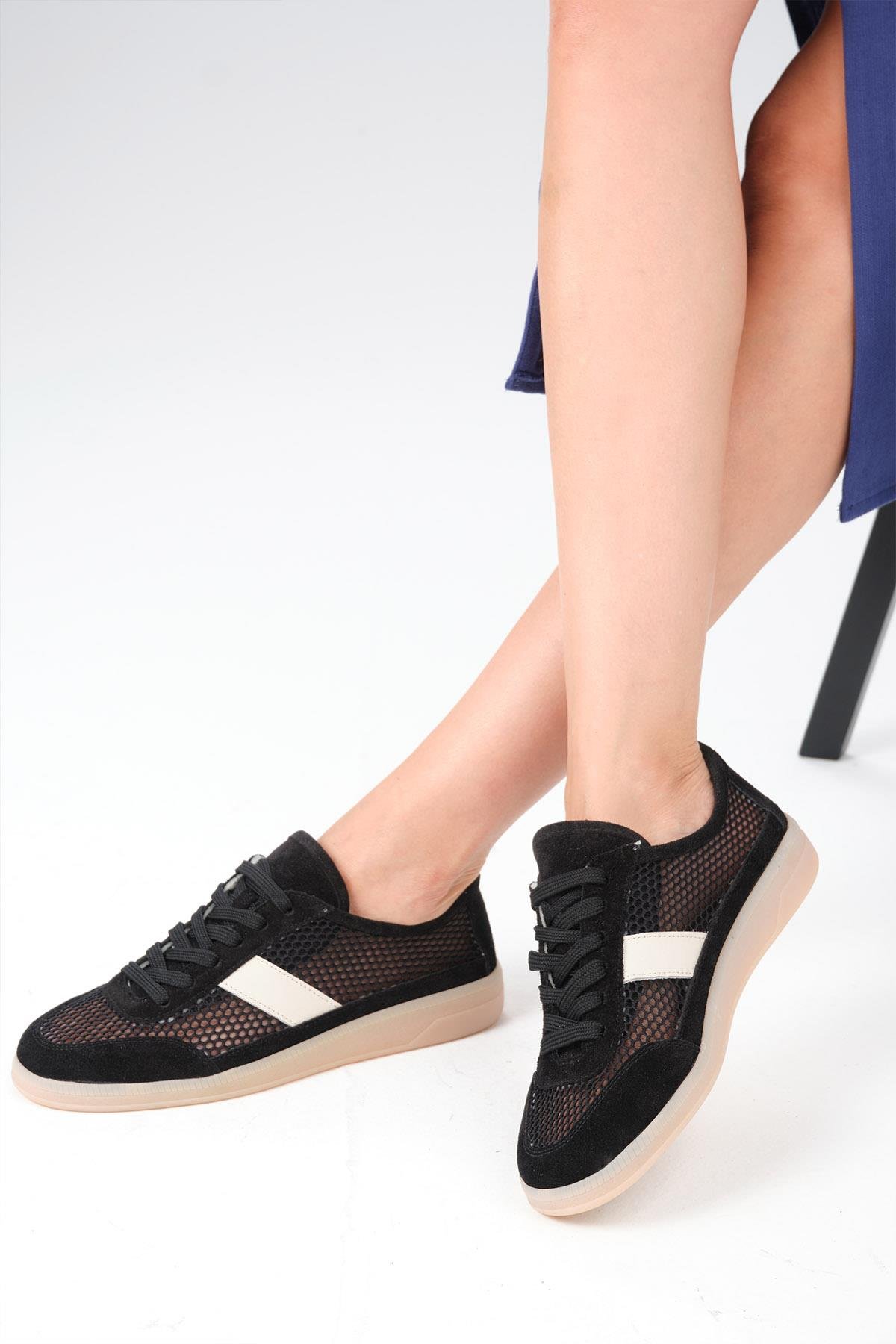 İrina Hakiki Deri Siyah Renk Fileli Spor Ayakkabı