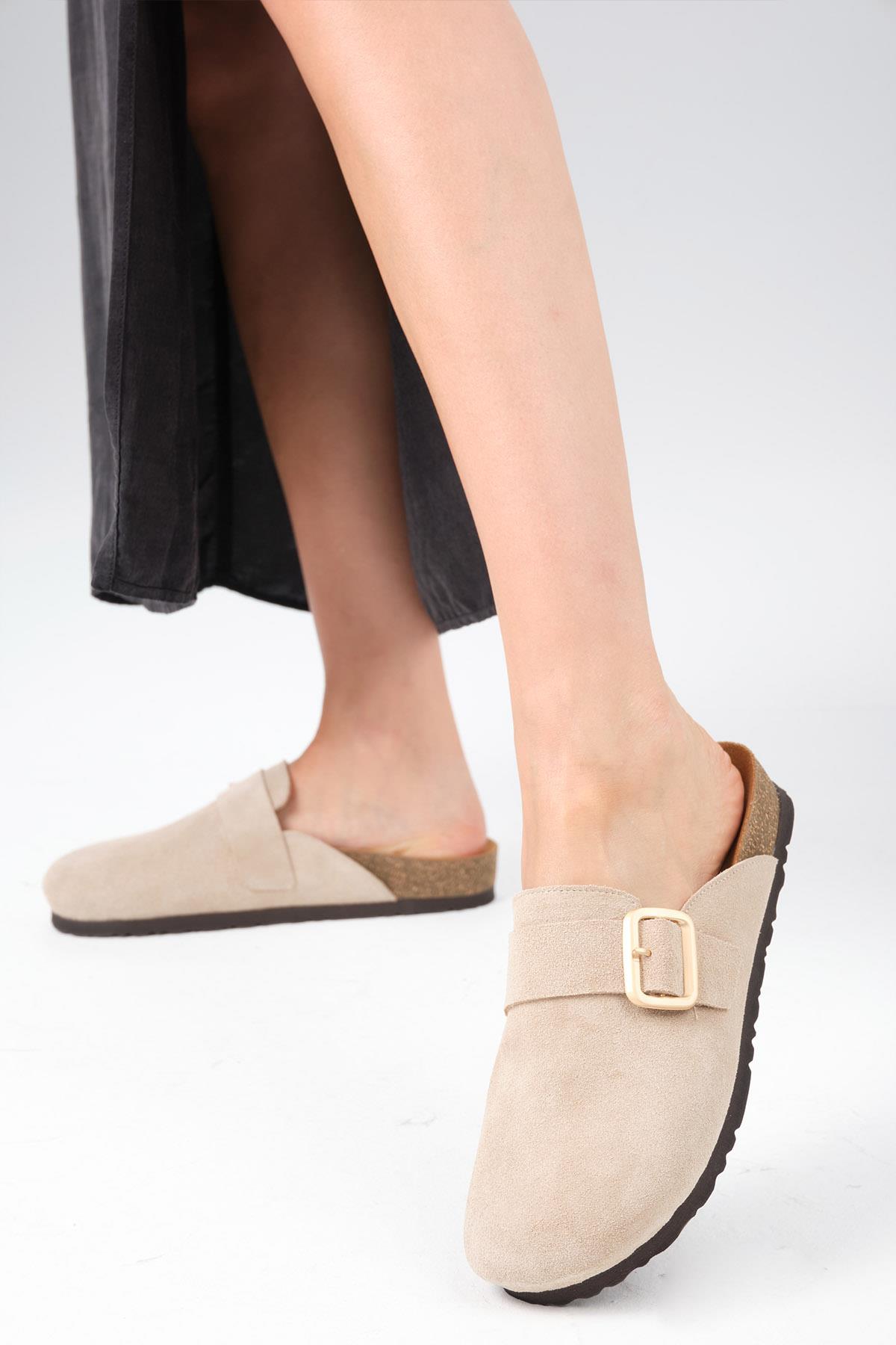 Juno Hakiki Süet Bej Renk Ortopedik Mantar Tabanlı Terlik