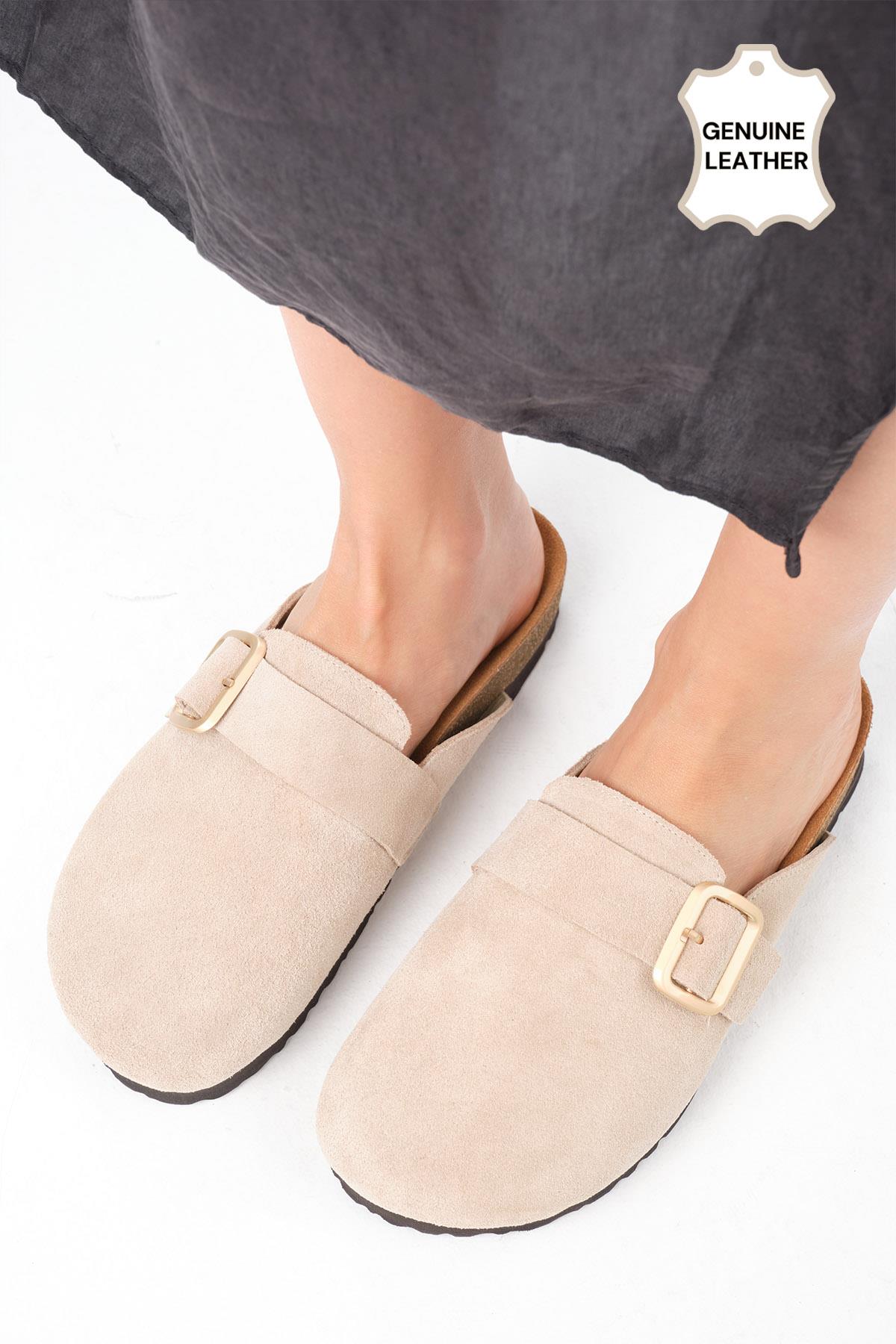 Juno Hakiki Süet Bej Renk Ortopedik Mantar Tabanlı Terlik