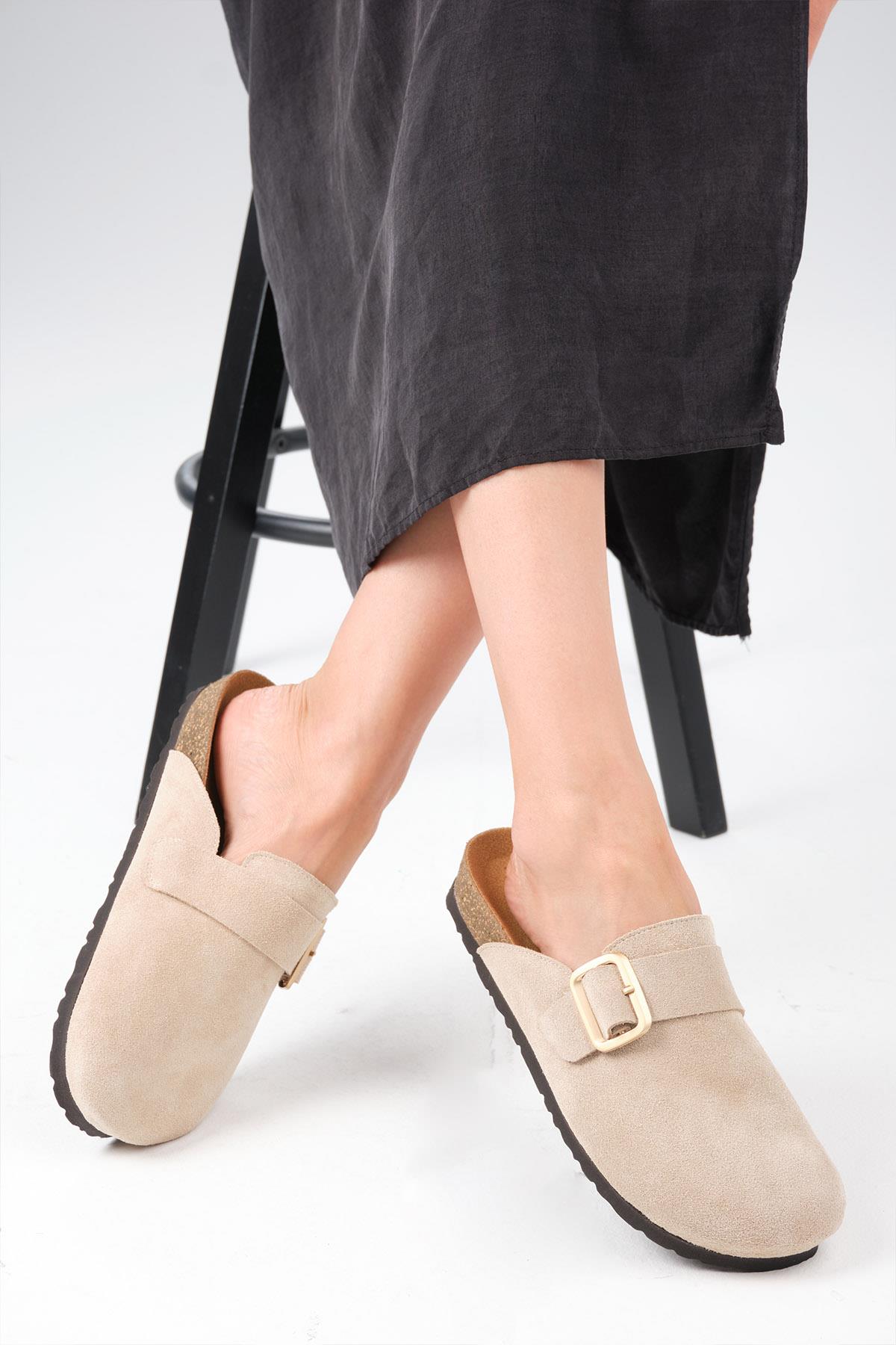 Juno Hakiki Süet Bej Renk Ortopedik Mantar Tabanlı Terlik