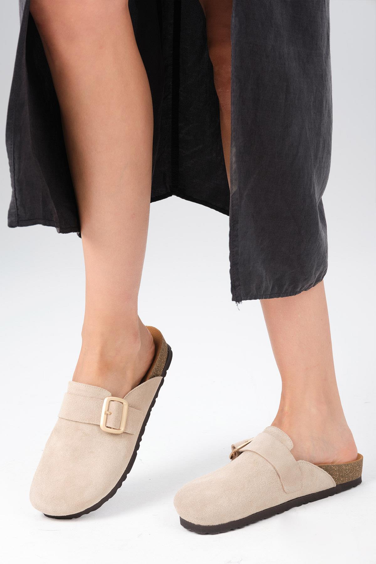 Juno Hakiki Süet Bej Renk Ortopedik Mantar Tabanlı Terlik