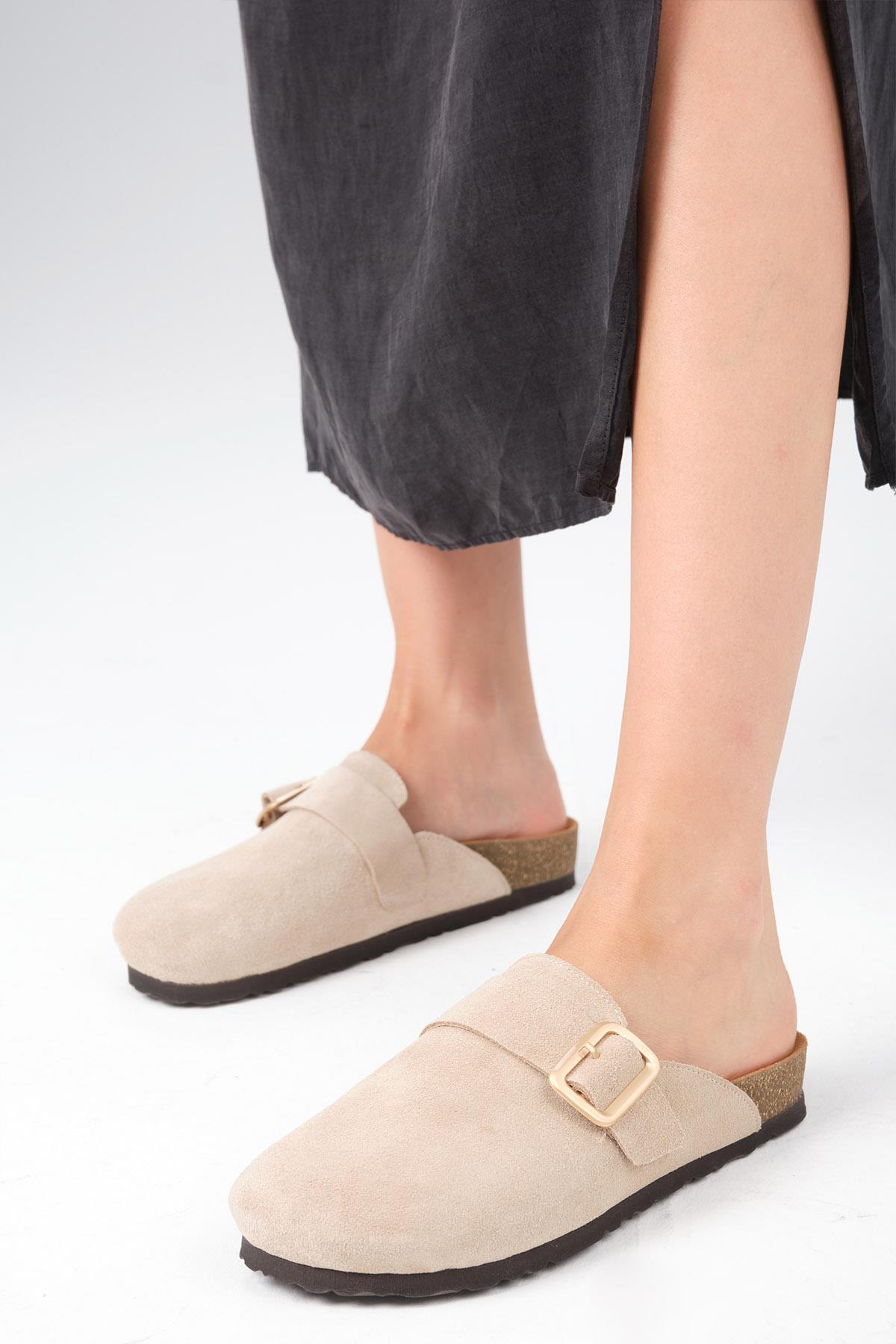 Juno Hakiki Süet Bej Renk Ortopedik Mantar Tabanlı Terlik