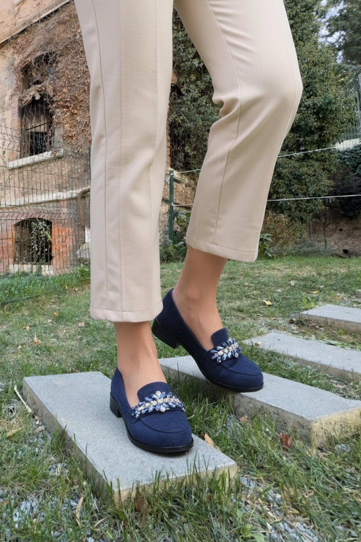 Matilda Lacivert Renk Süet Taşlı Oxford Ayakkabı