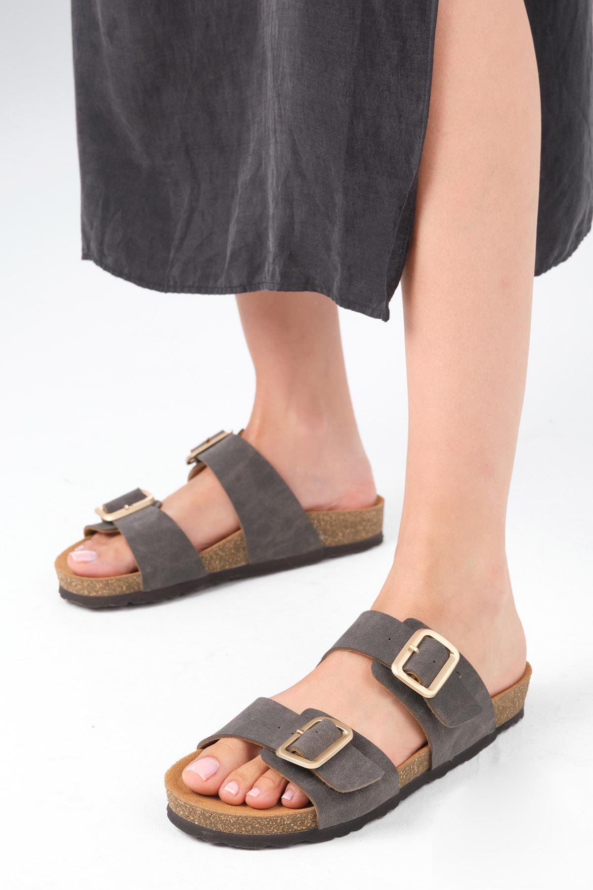 Lily Antrasit Ortopedik Mantar Tabanlı Terlik