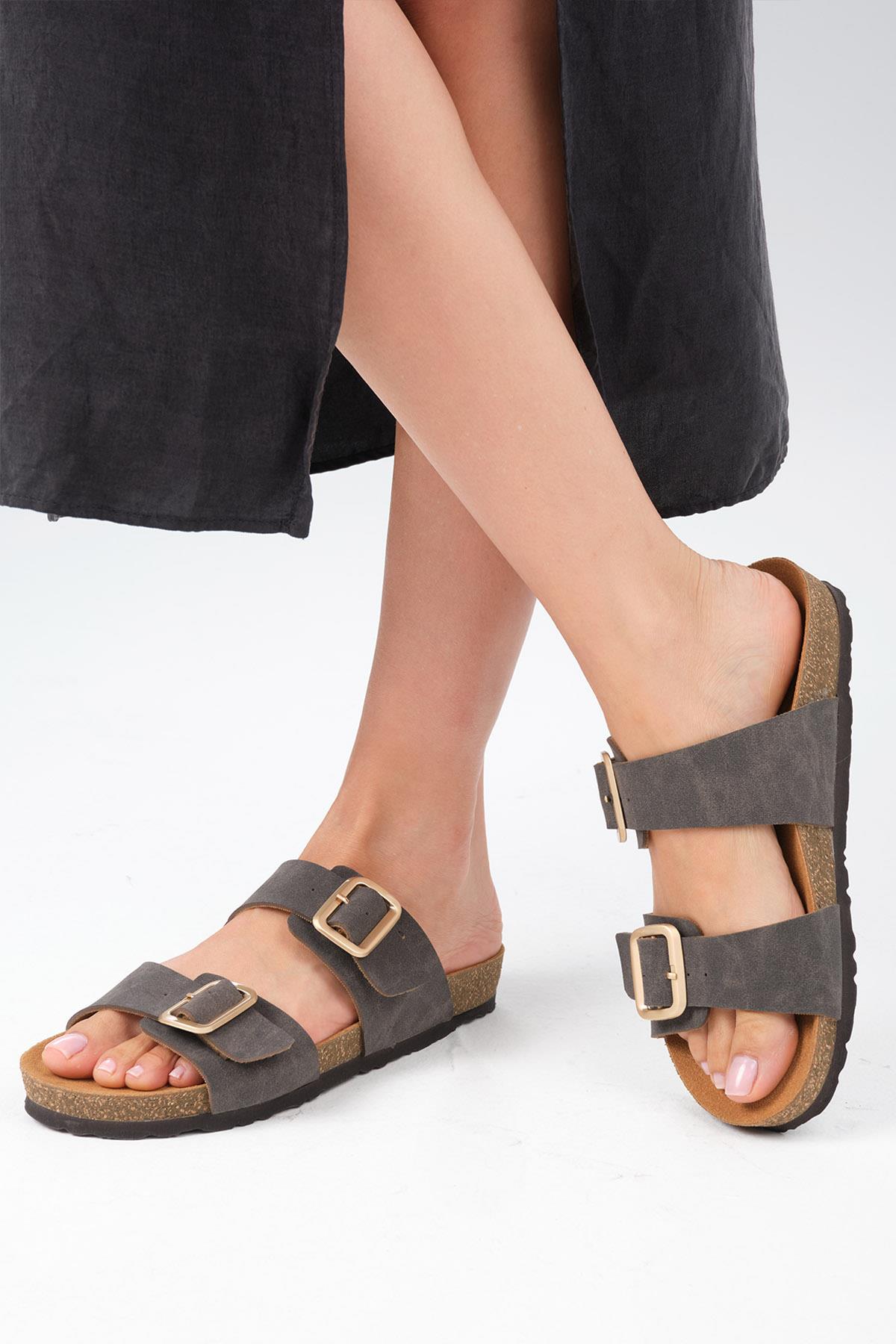 Lily Antrasit Ortopedik Mantar Tabanlı Terlik