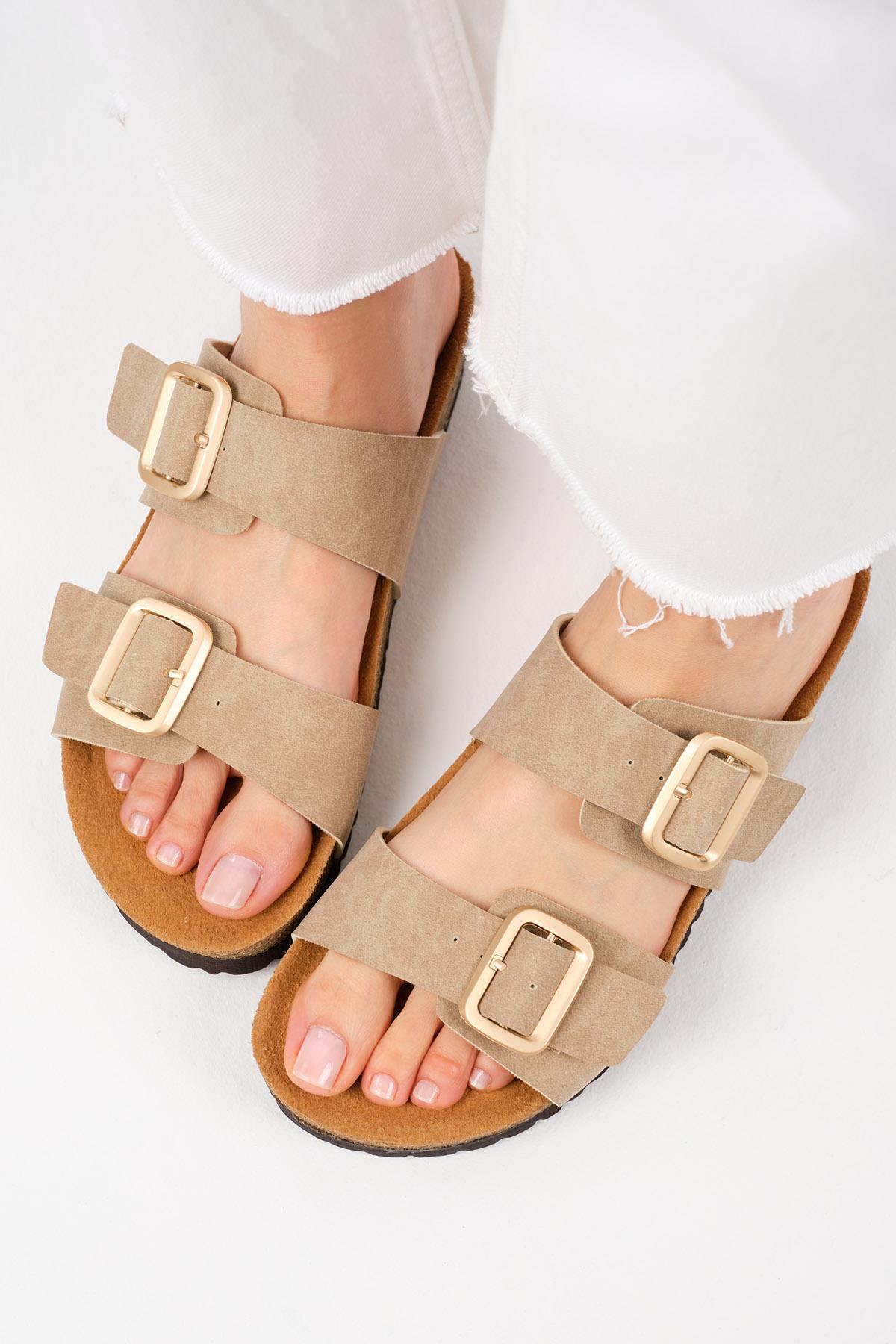 Lily Bej Renk Ortopedik Mantar Tabanlı Terlik