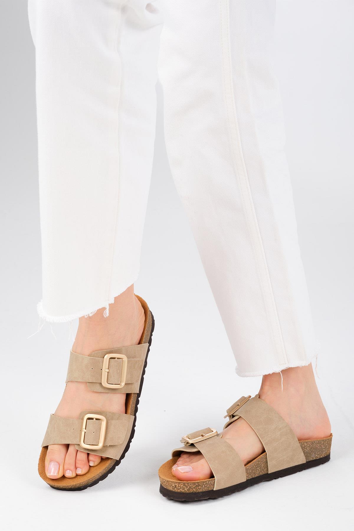 Lily Bej Renk Ortopedik Mantar Tabanlı Terlik