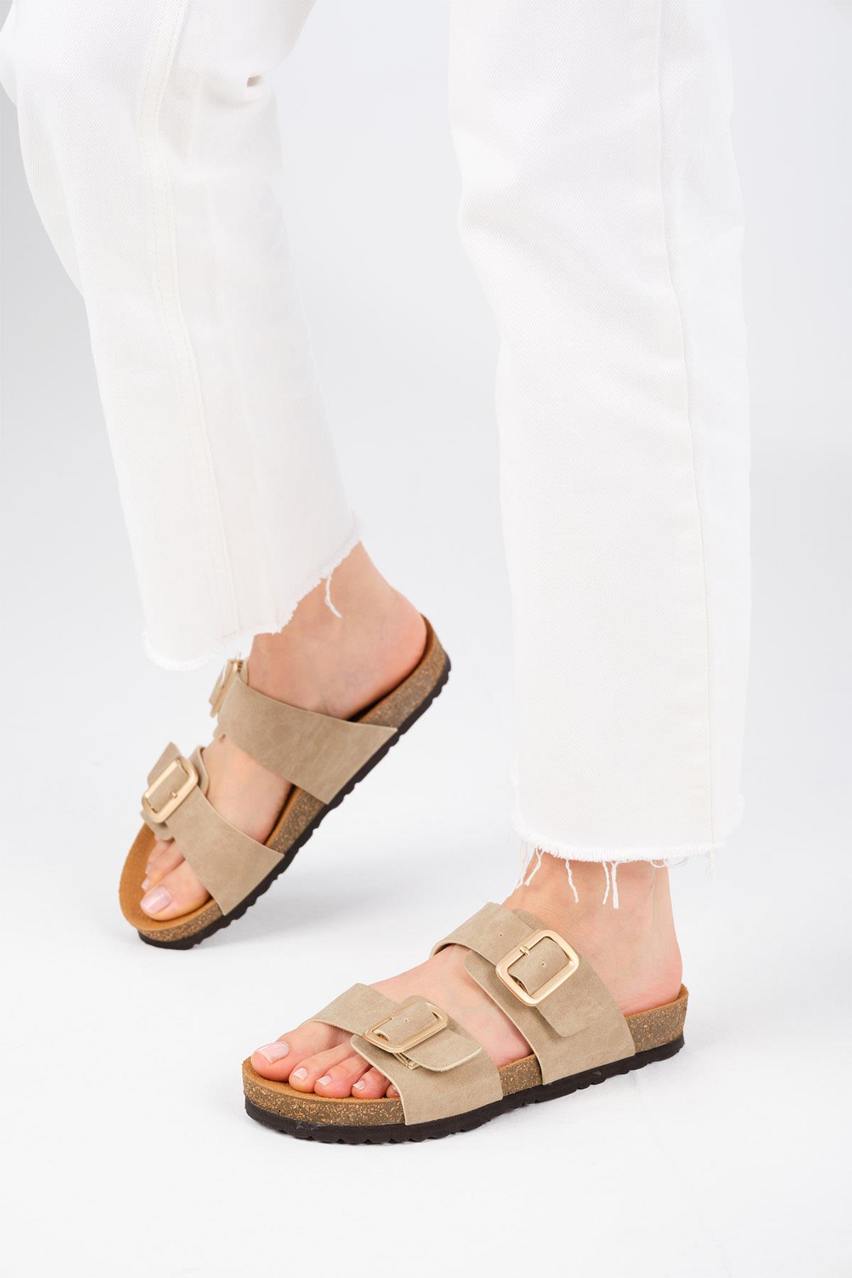 Lily Bej Renk Ortopedik Mantar Tabanlı Terlik