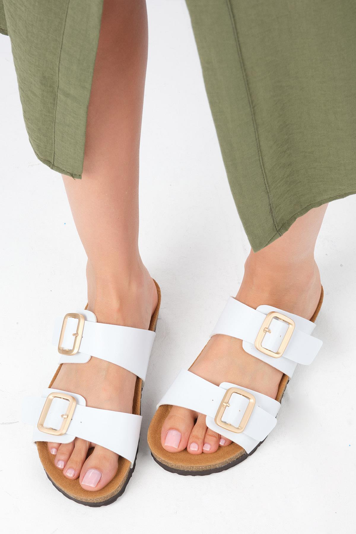 Lily Beyaz Renk Ortopedik Mantar Tabanlı Terlik